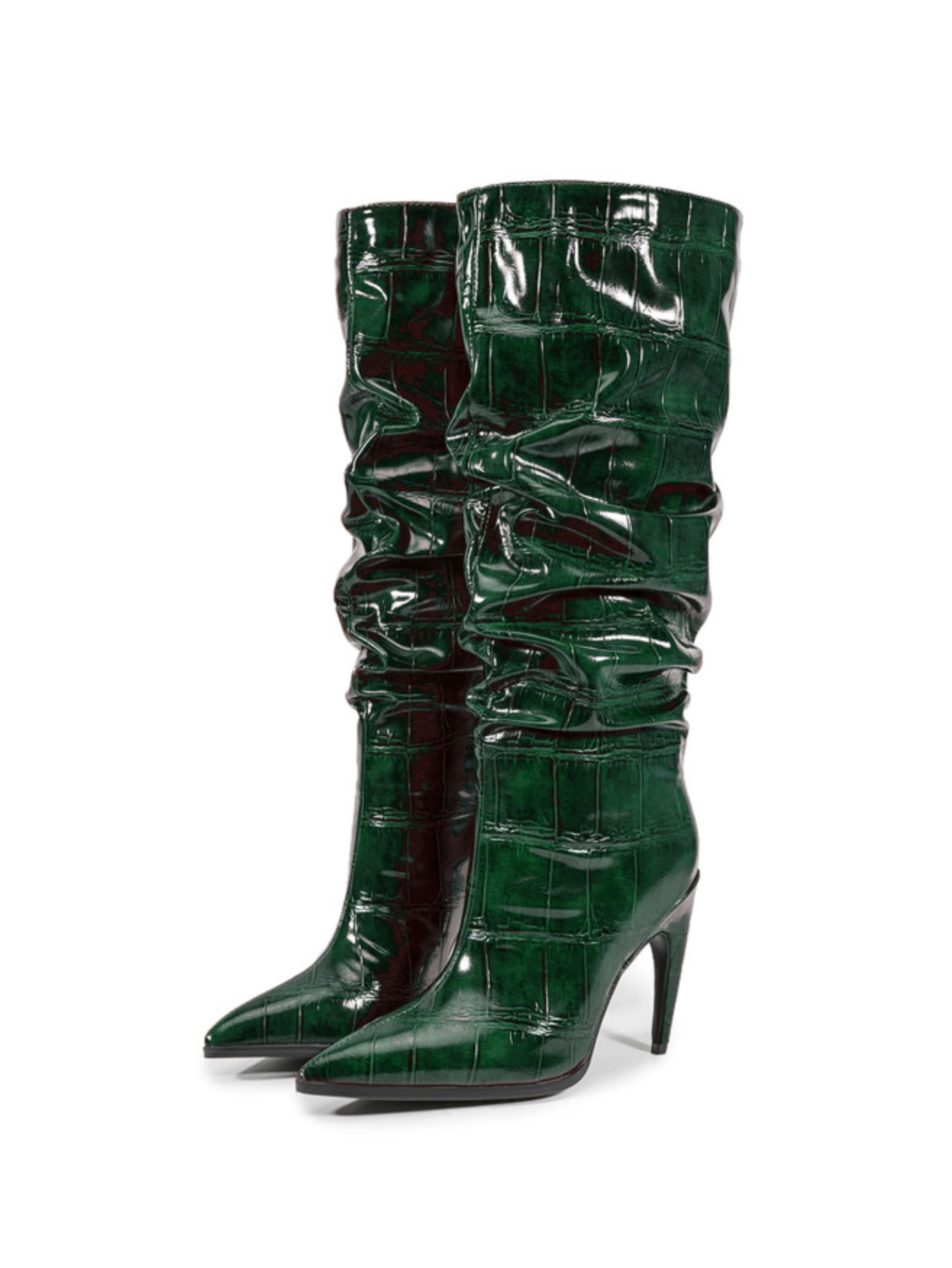 Emerald Green Croc-Embossed Slouch High-Heel Tall Boots