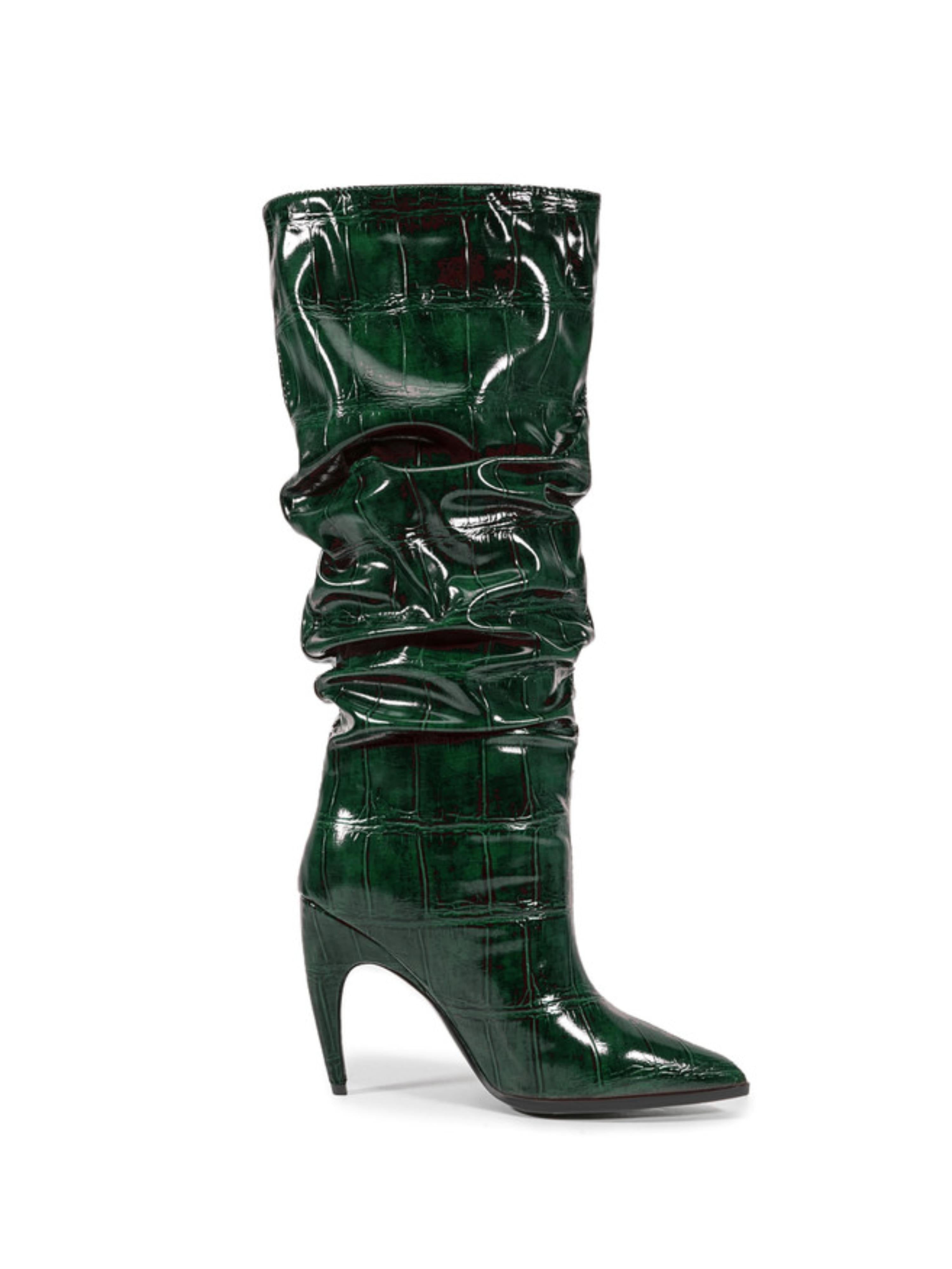 Emerald Green Croc-Embossed Slouch High-Heel Tall Boots