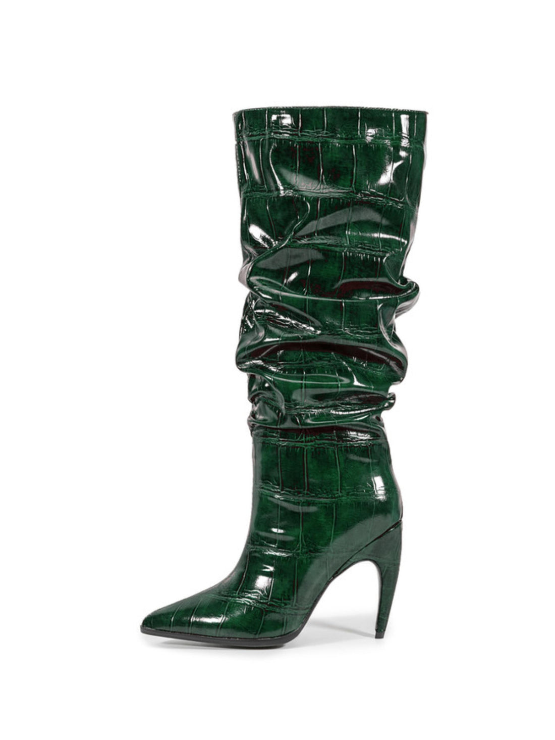 Emerald Green Croc-Embossed Slouch High-Heel Tall Boots