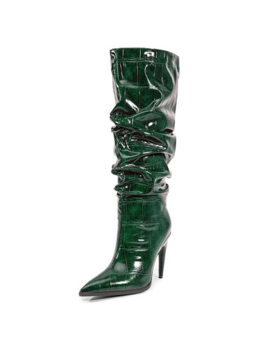 Emerald Green Croc-Embossed Slouch High-Heel Tall Boots