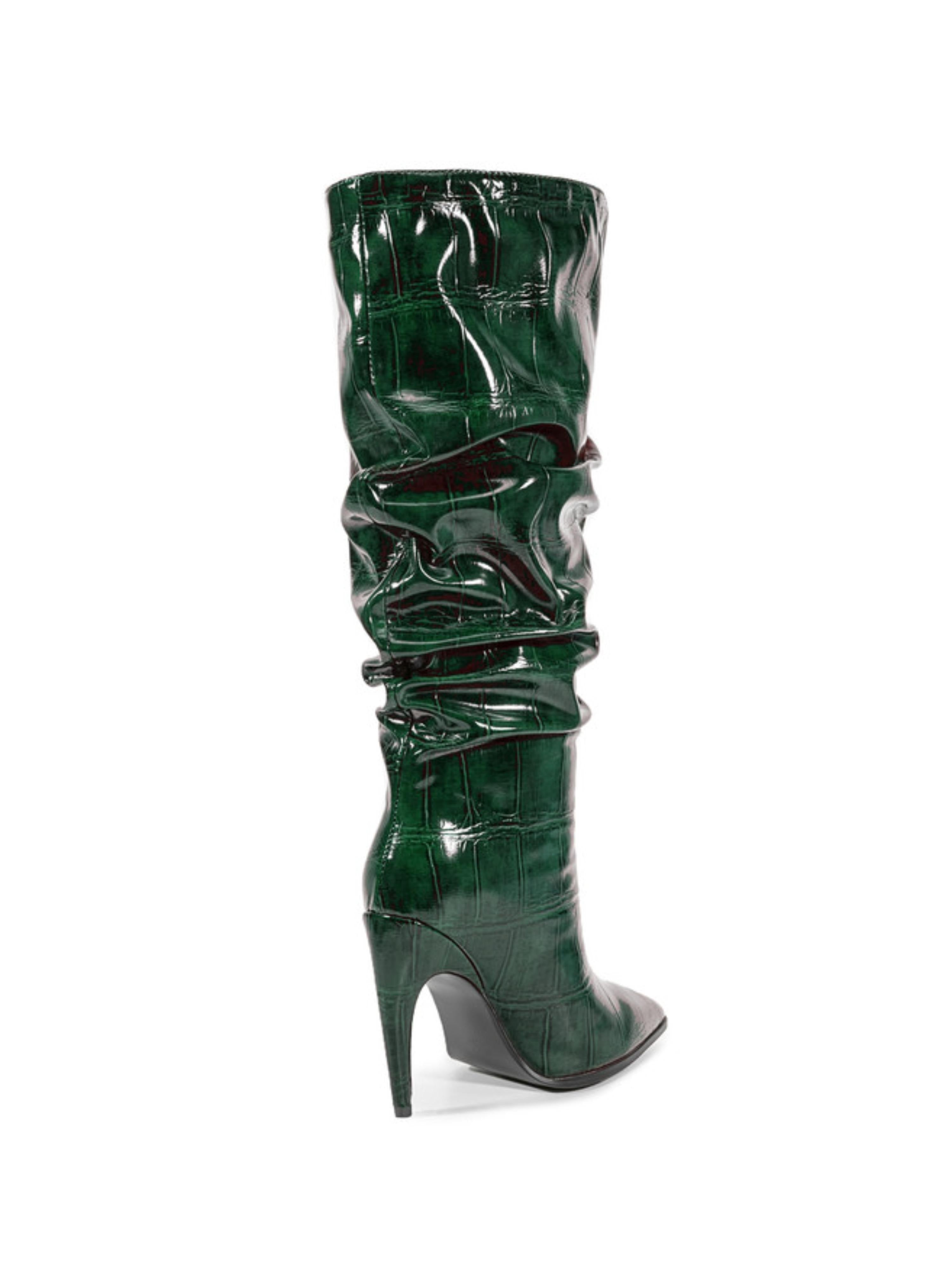 Emerald Green Croc-Embossed Slouch High-Heel Tall Boots