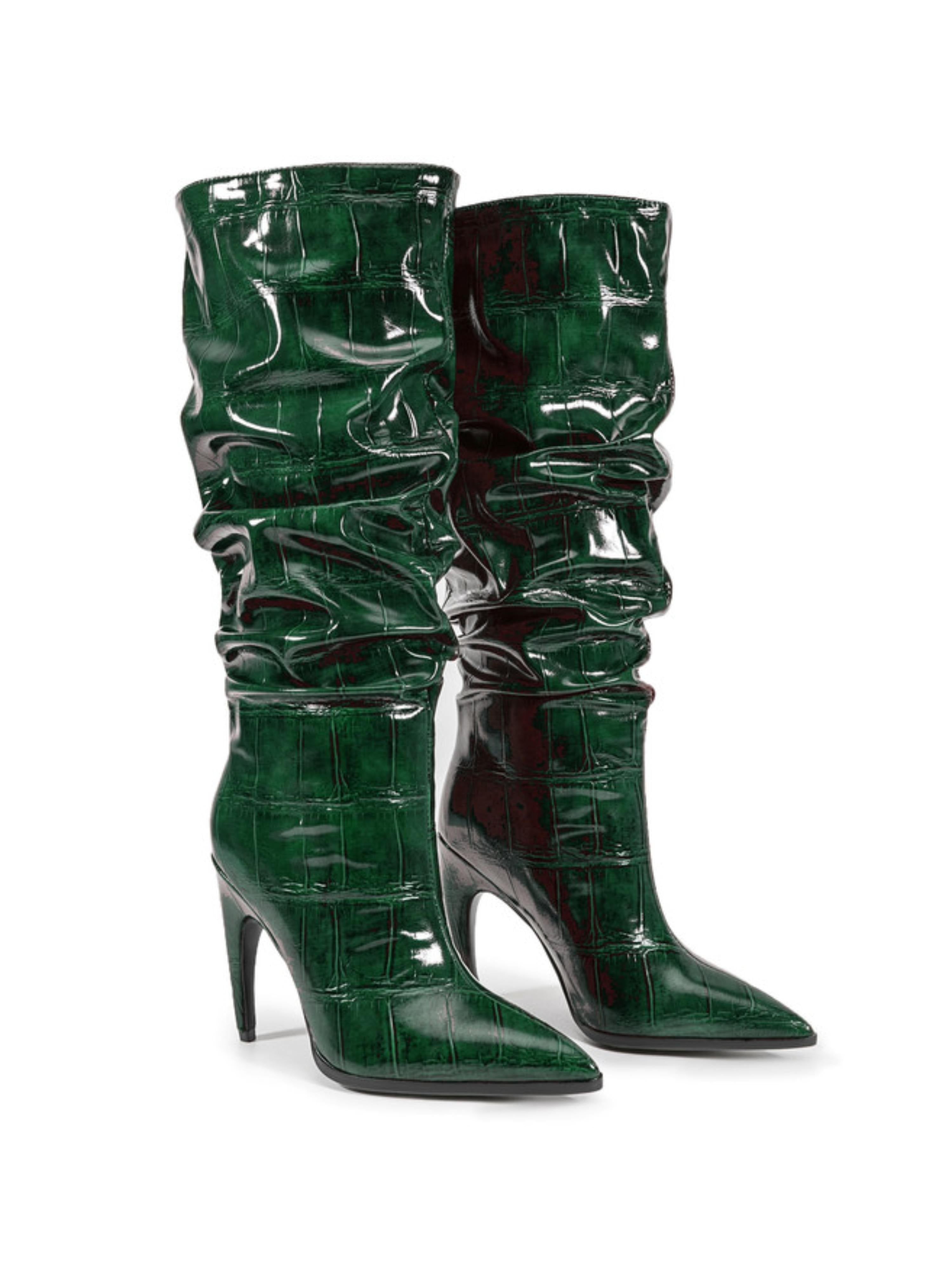 Emerald Green Croc-Embossed Slouch High-Heel Tall Boots