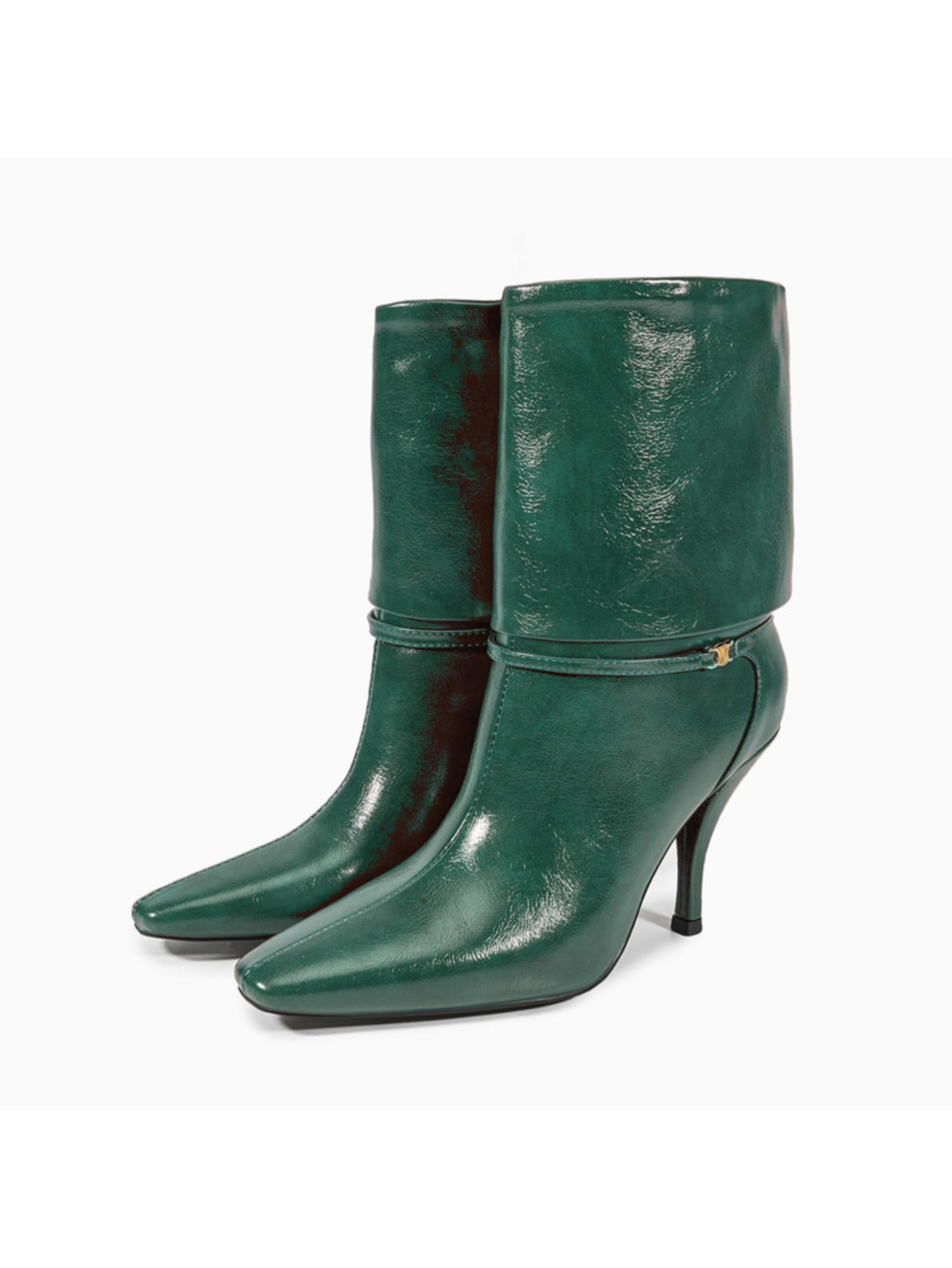 Emerald Green Fold-Over Heeled Ankle Boots