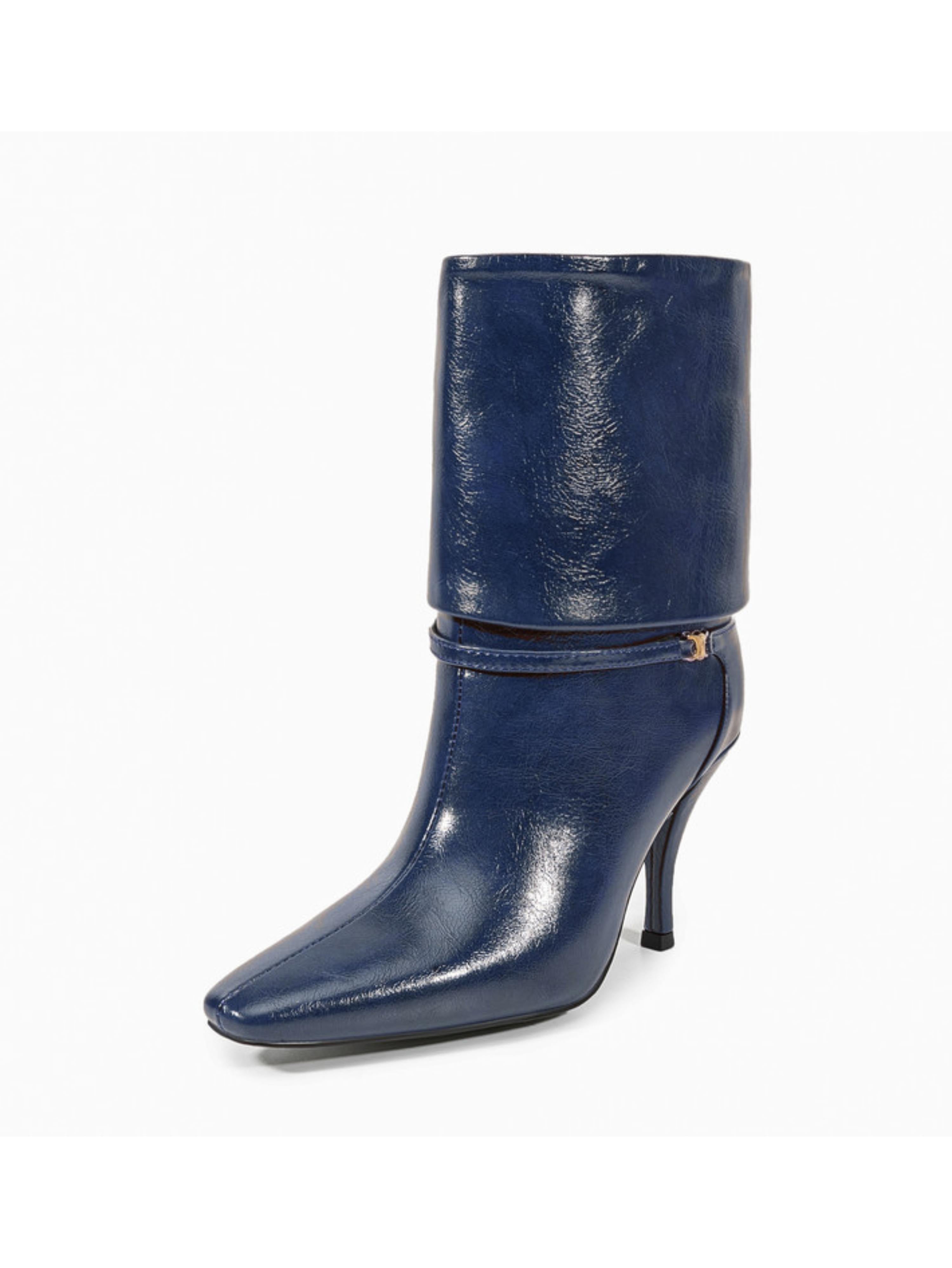 Navy Blue Fold-Over Ankle Boots Women