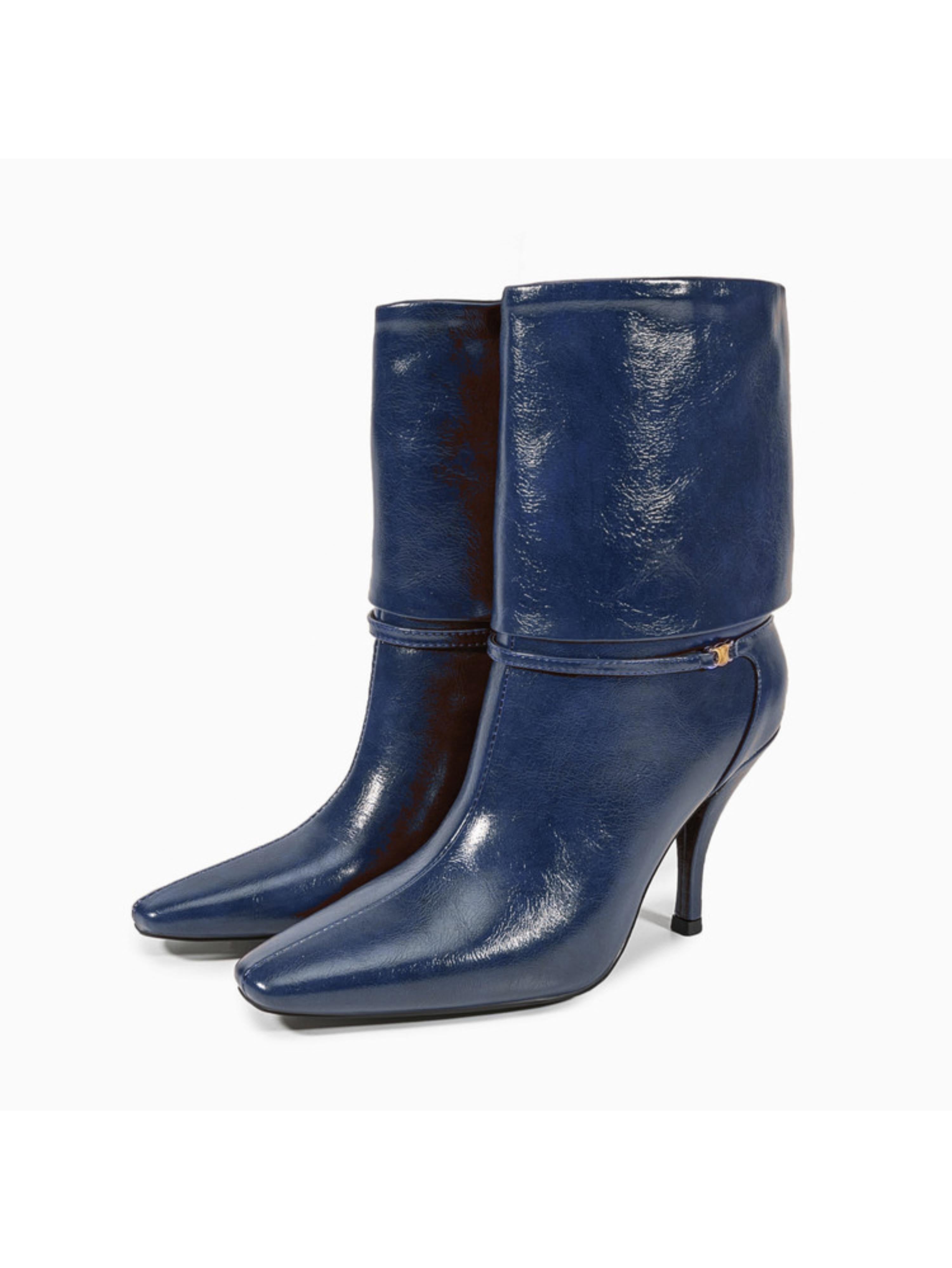 Navy Blue Fold-Over Ankle Boots Women