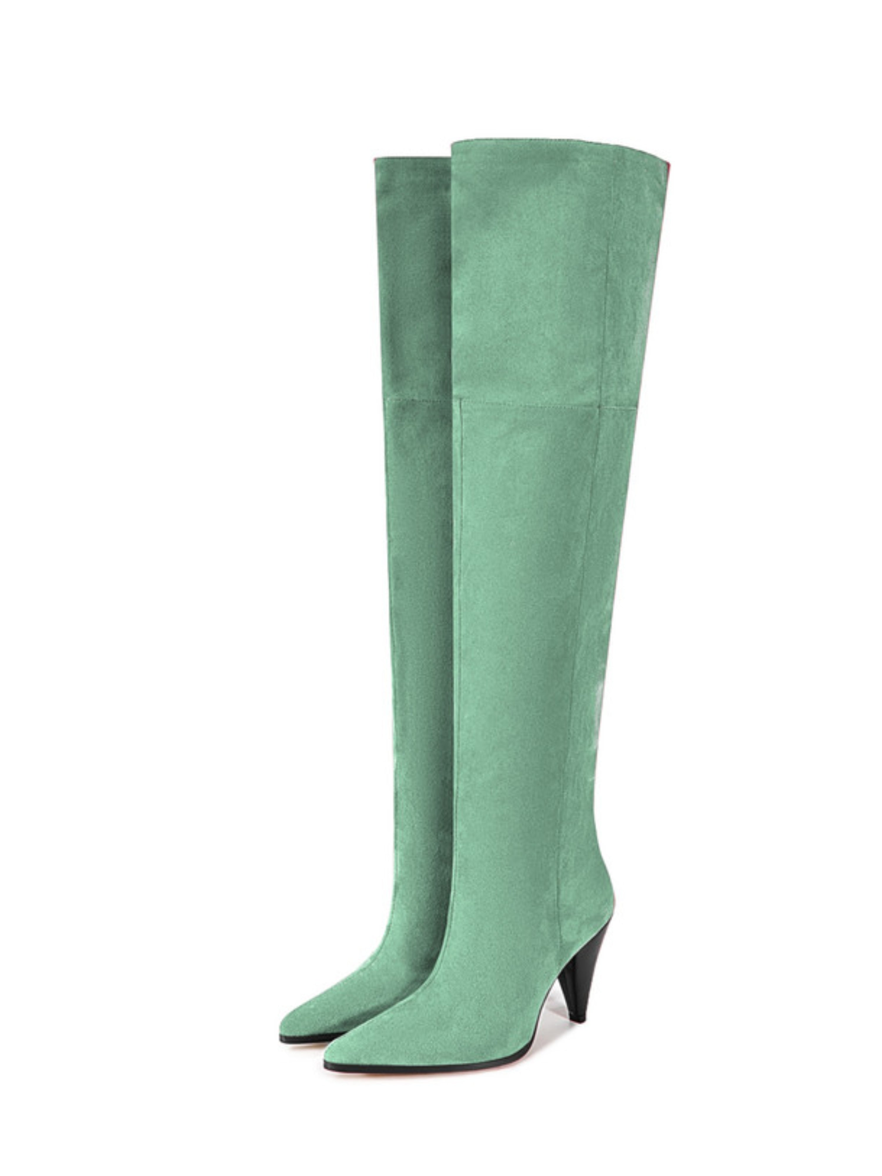 Green Faux Suede High-Heel Thigh-High Boots