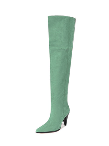 Green Faux Suede High-Heel Thigh-High Boots