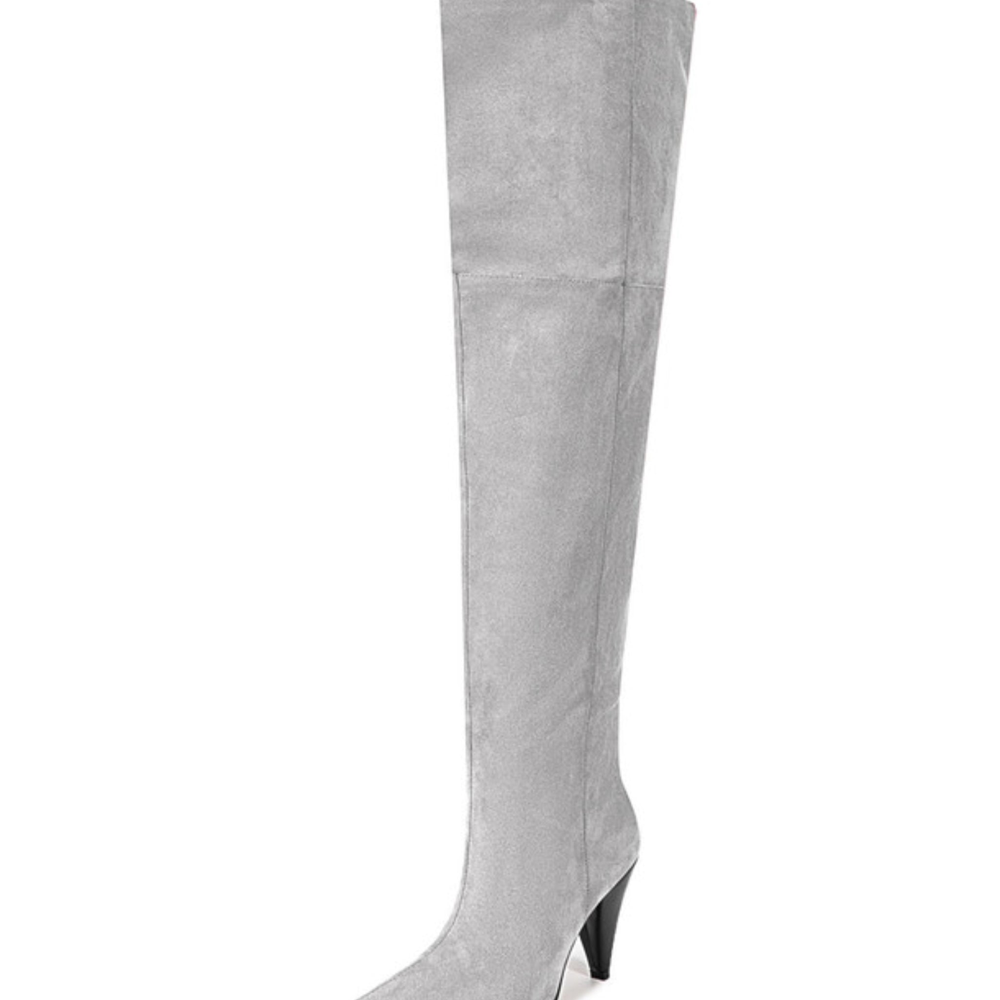 Gray Faux Suede Heeled Thigh-High Boots Women