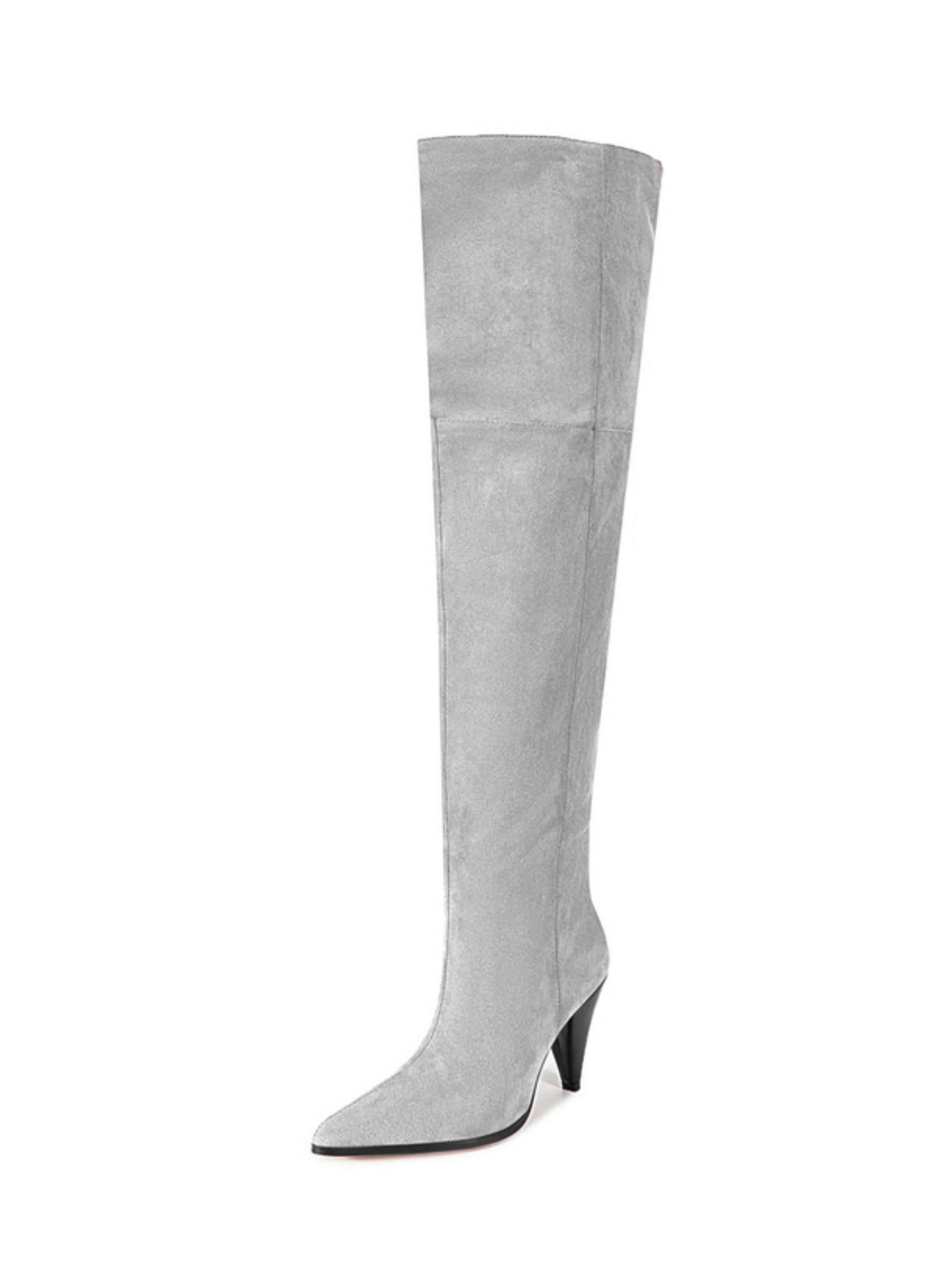 Gray Faux Suede Heeled Thigh-High Boots Women