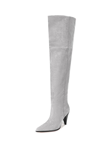 Gray Faux Suede Heeled Thigh-High Boots Women