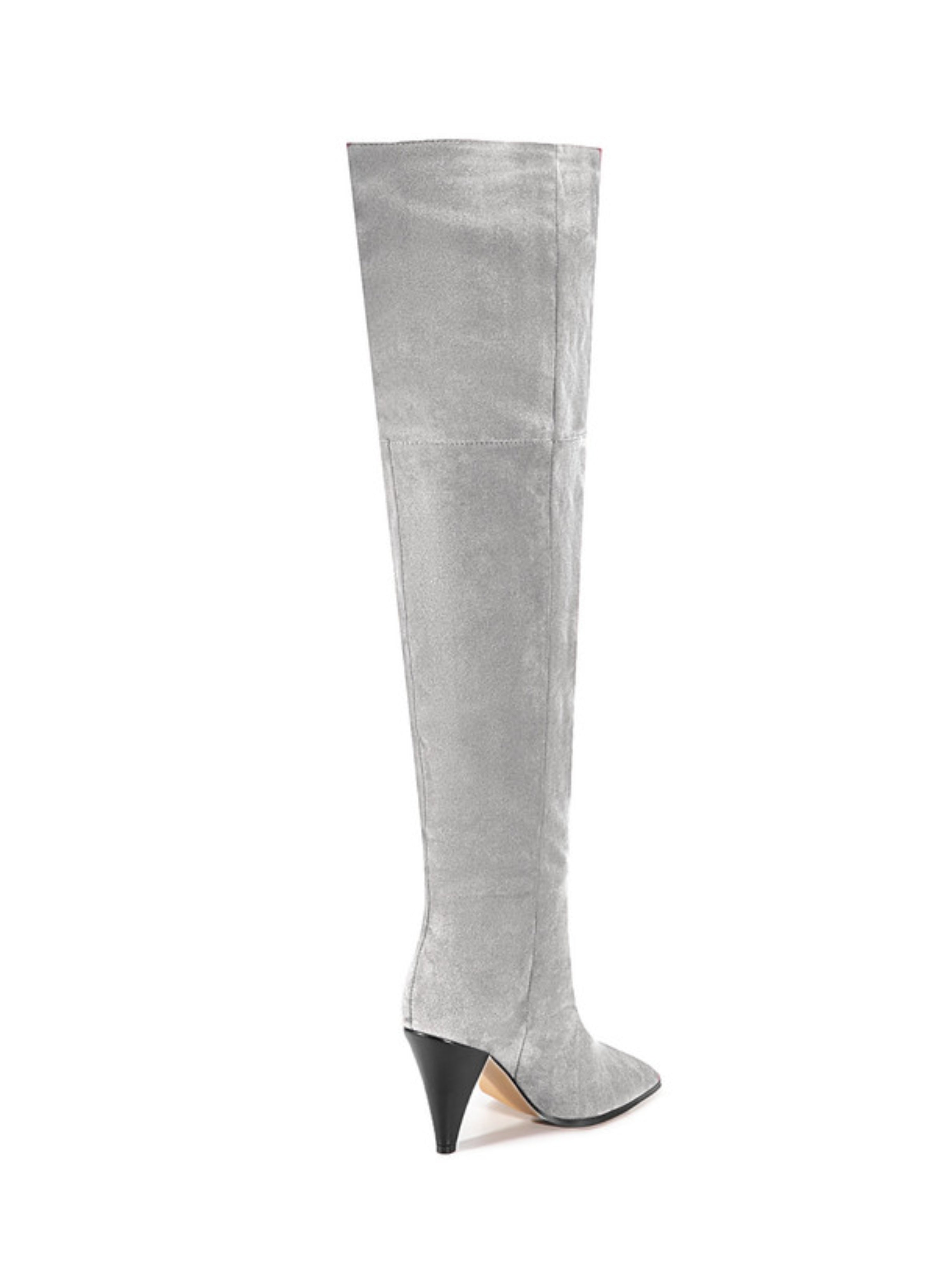 Gray Faux Suede Heeled Thigh-High Boots Women
