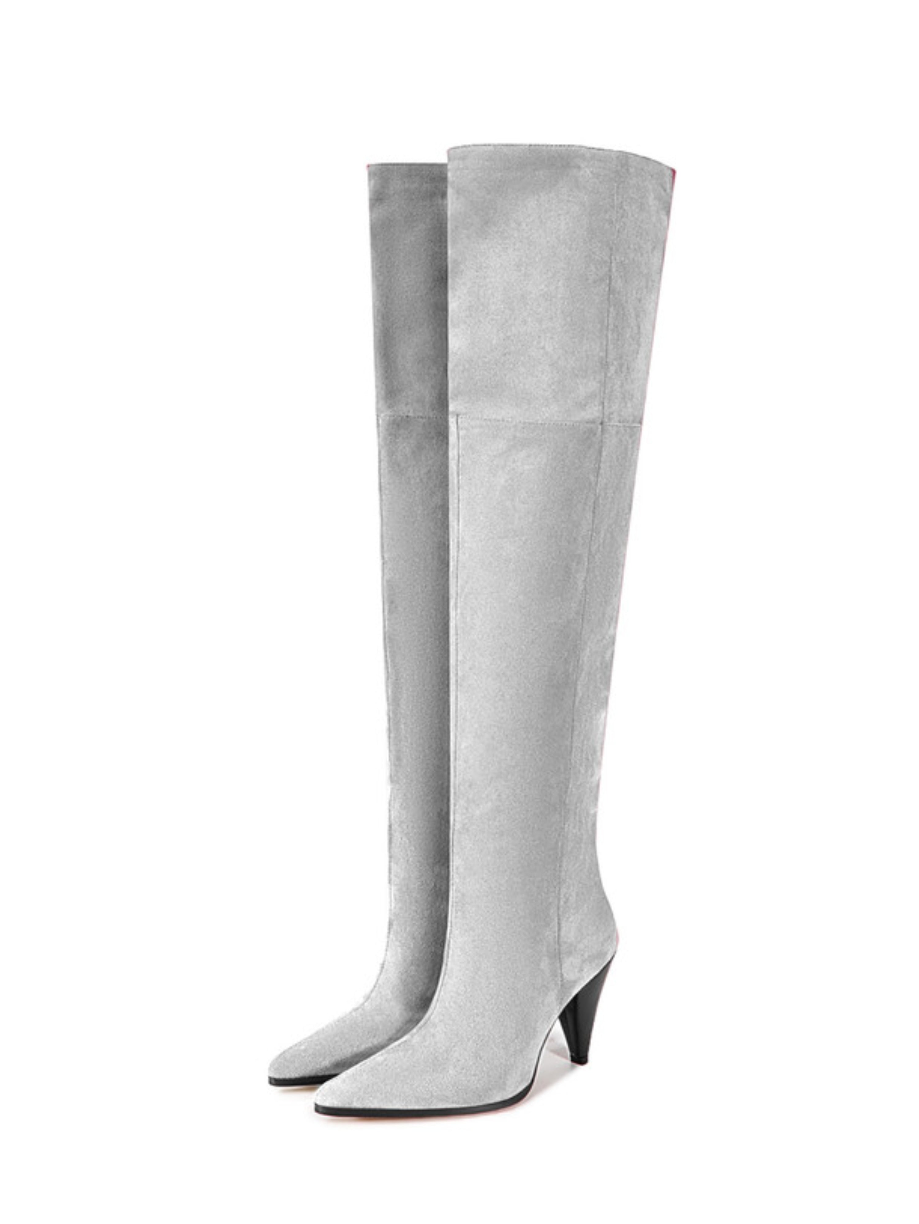 Gray Faux Suede Heeled Thigh-High Boots Women