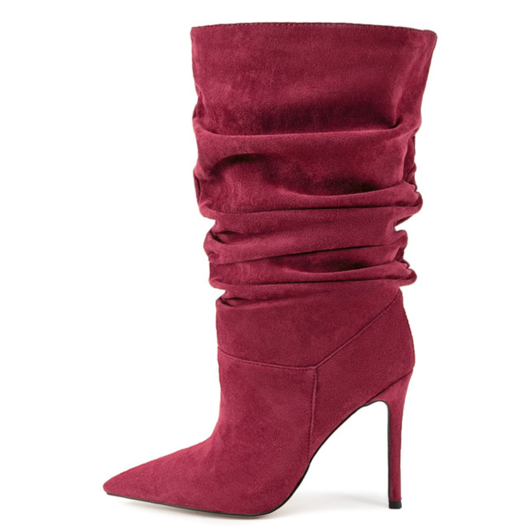 Burgundy Vegan Suede Stiletto Mid-Calf Slouch Boots Women