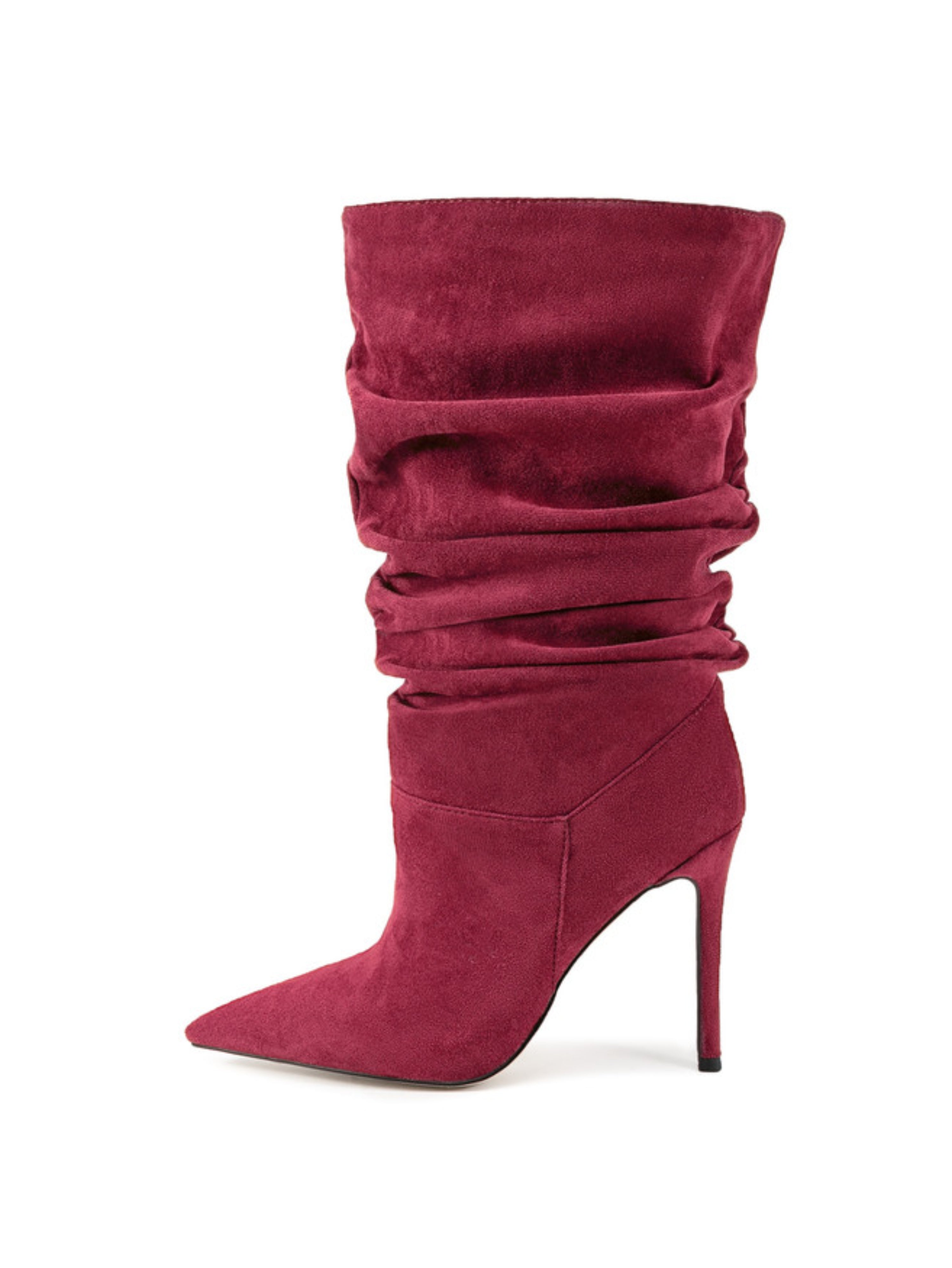 Burgundy Vegan Suede Stiletto Mid-Calf Slouch Boots Women