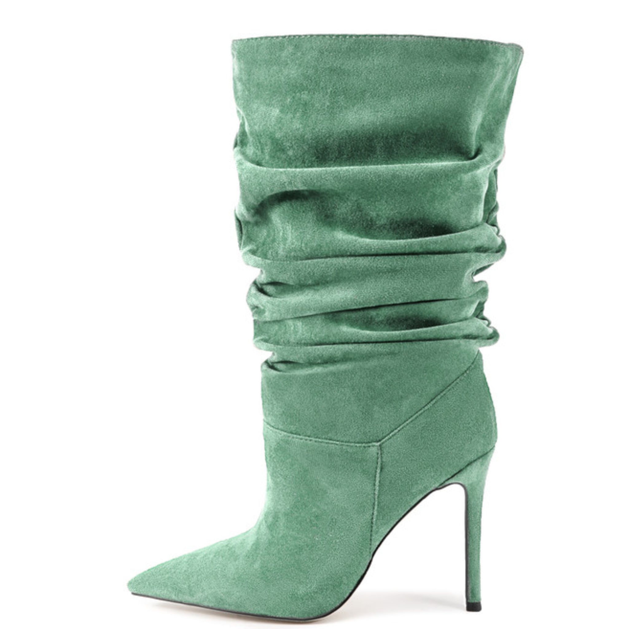 Grass Green Pointed Toe Heeled Mid-Calf Boots for Women