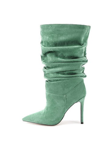 Grass Green Pointed Toe Heeled Mid-Calf Boots for Women