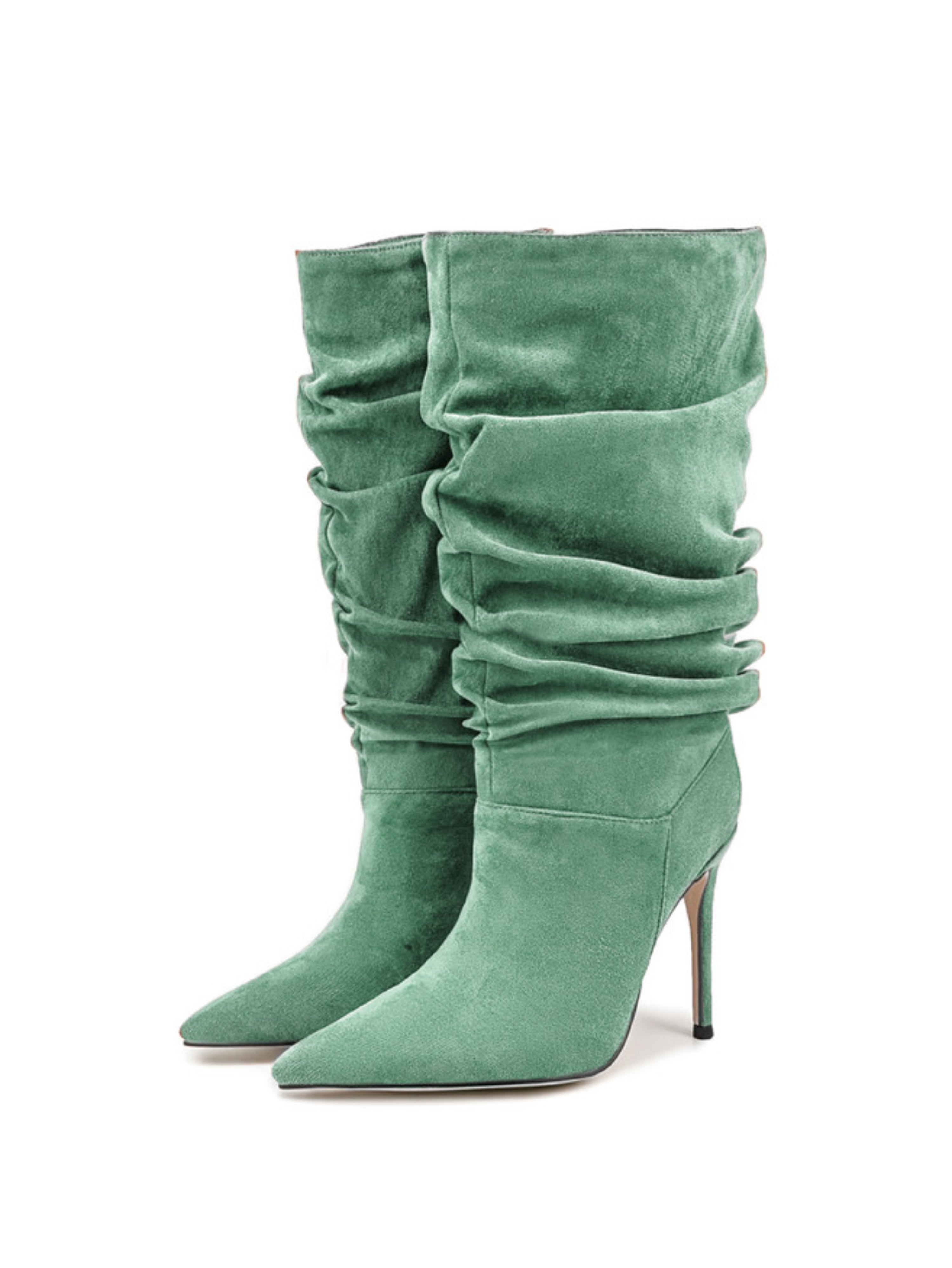 Grass Green Pointed Toe Heeled Mid-Calf Boots for Women