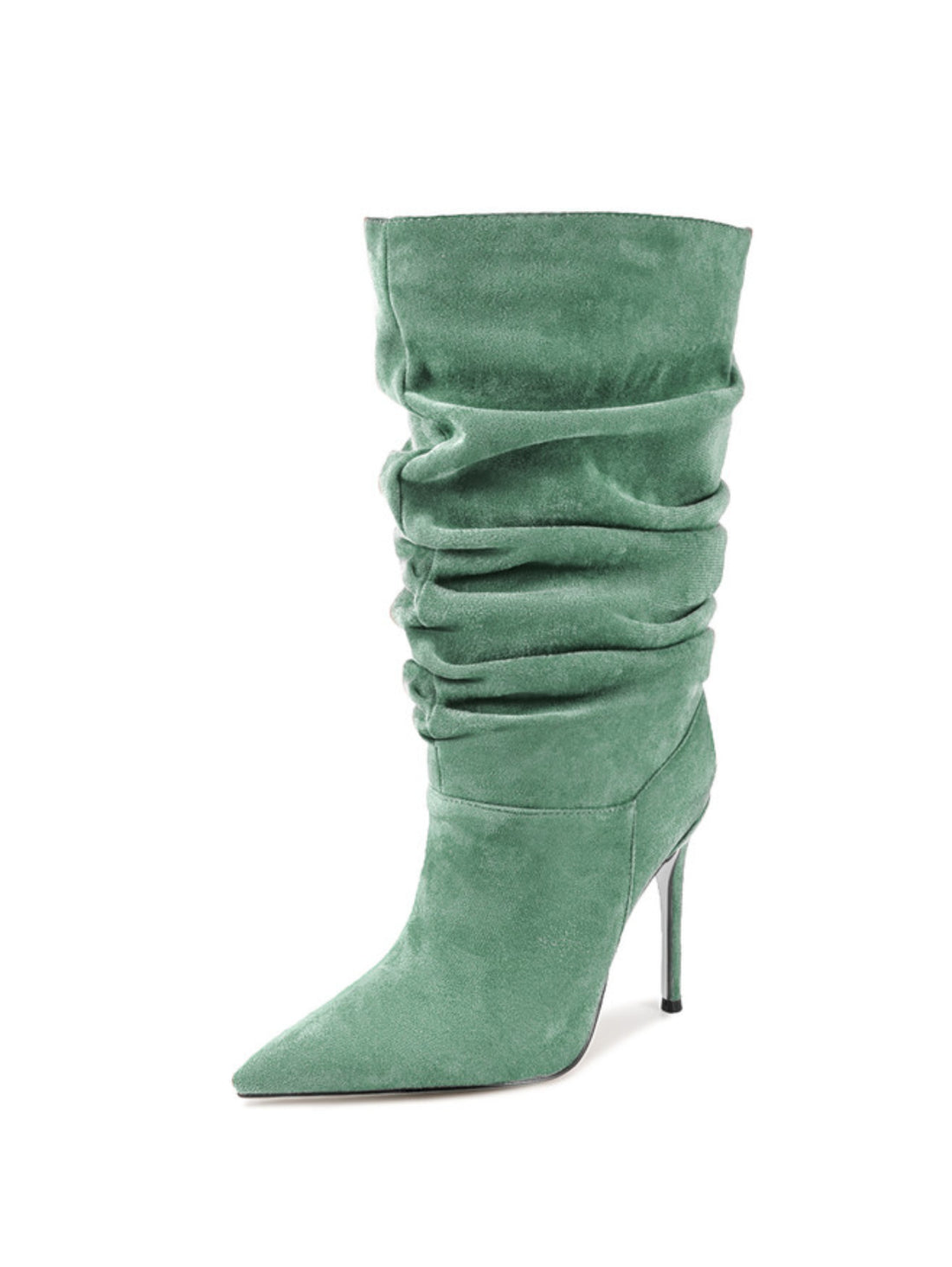 Grass Green Pointed Toe Heeled Mid-Calf Boots for Women