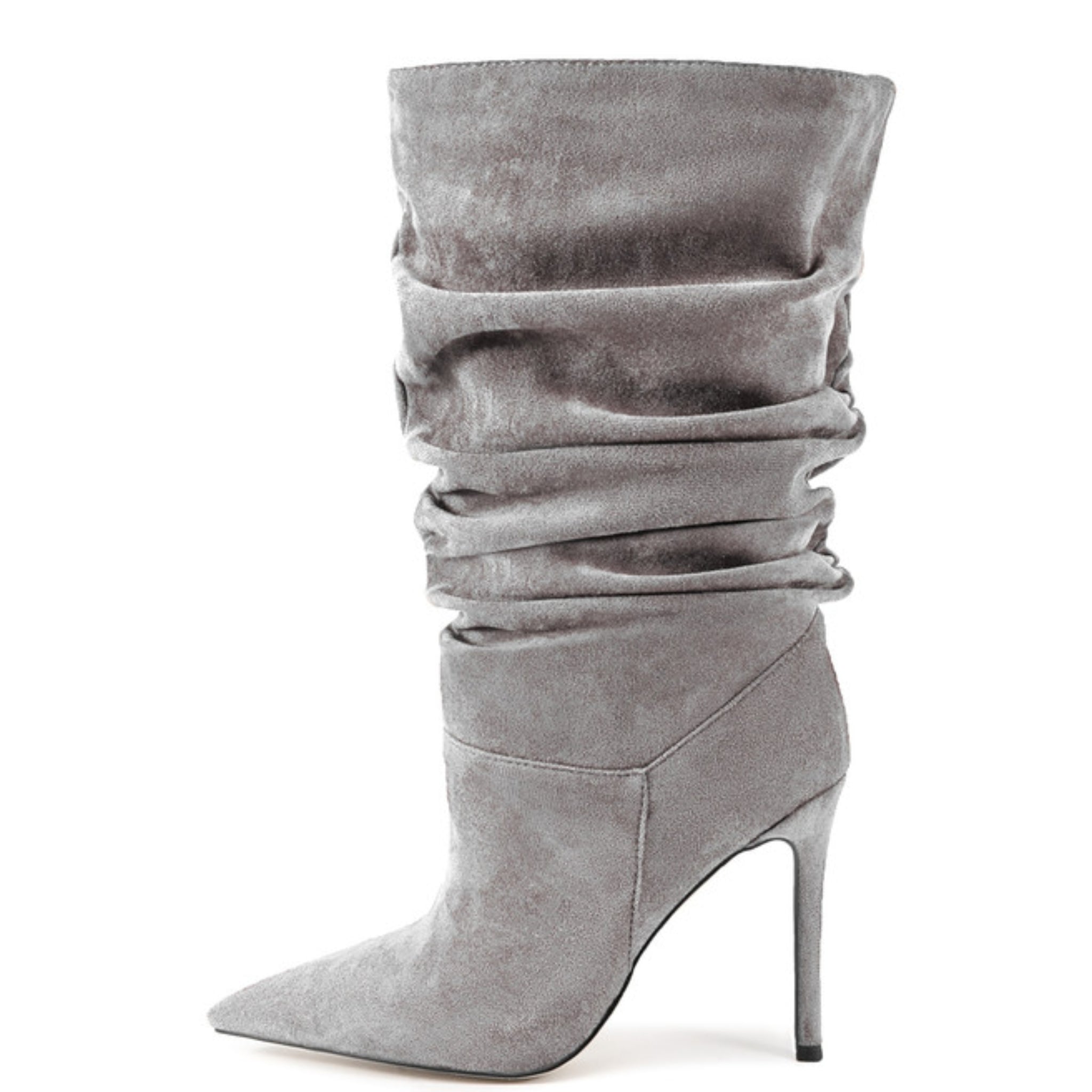 Gray Vegan Suede Heeled Mid-Calf Boots Women