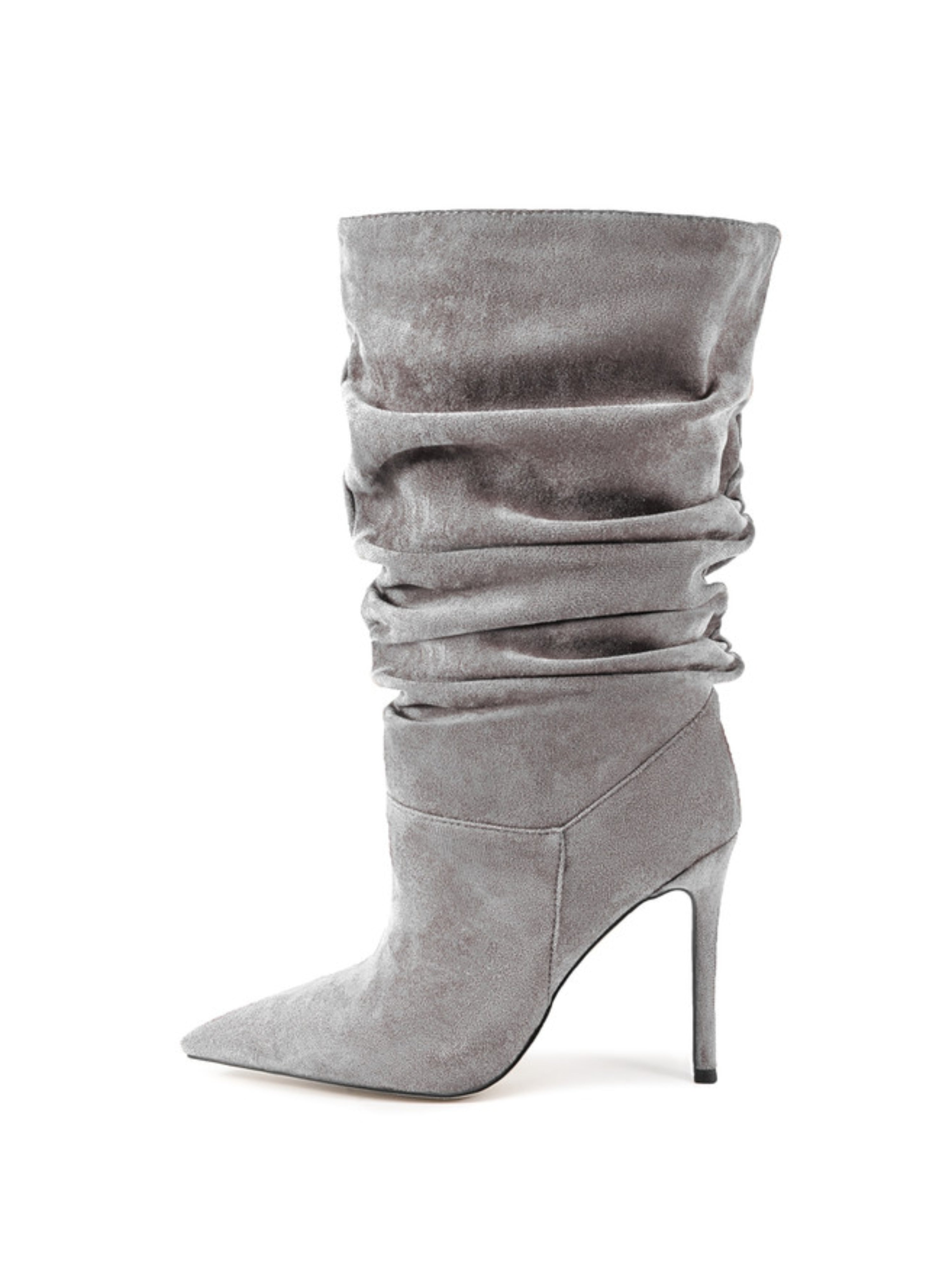 Gray Vegan Suede Heeled Mid-Calf Boots Women