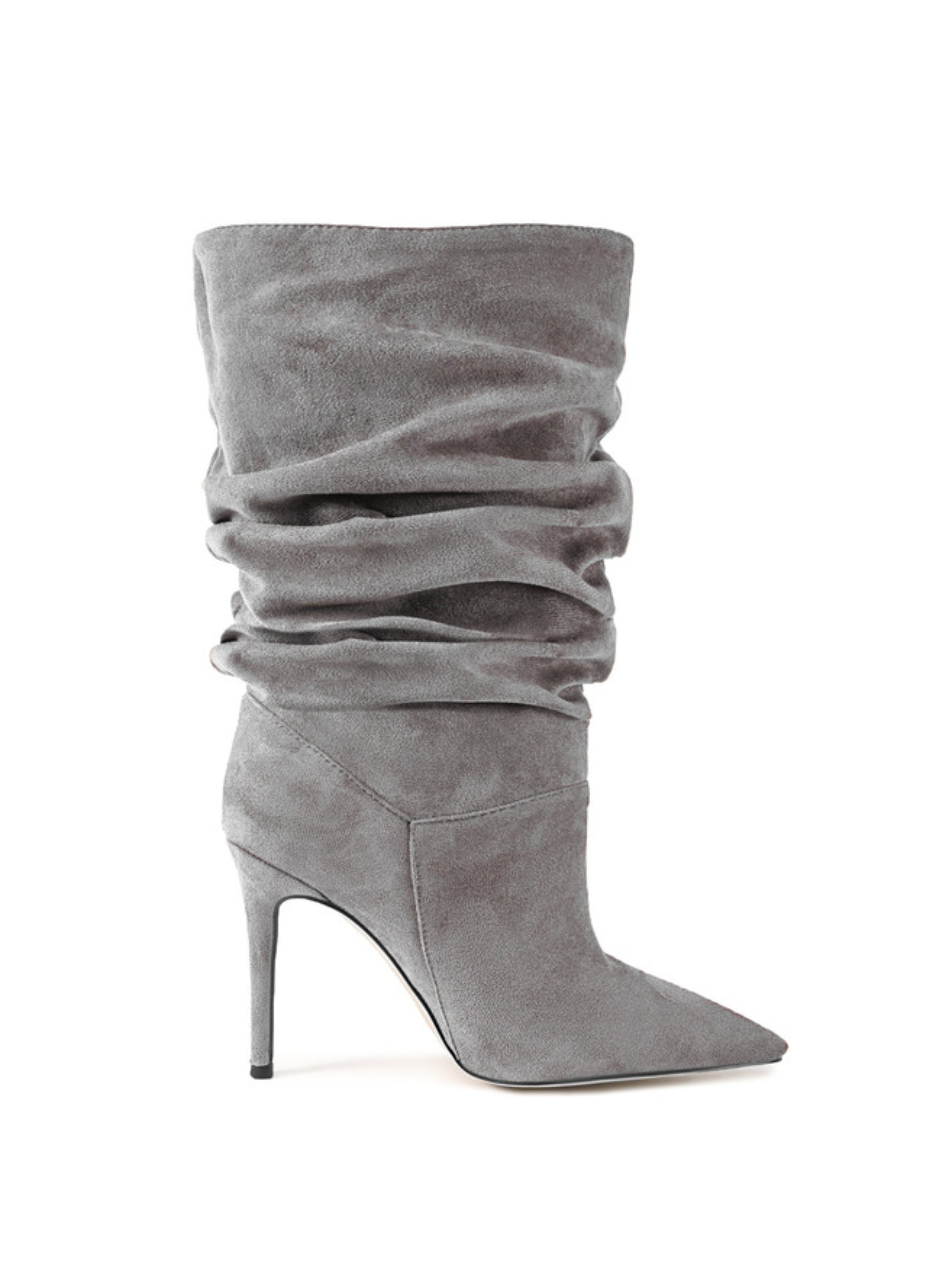 Gray Vegan Suede Heeled Mid-Calf Boots Women