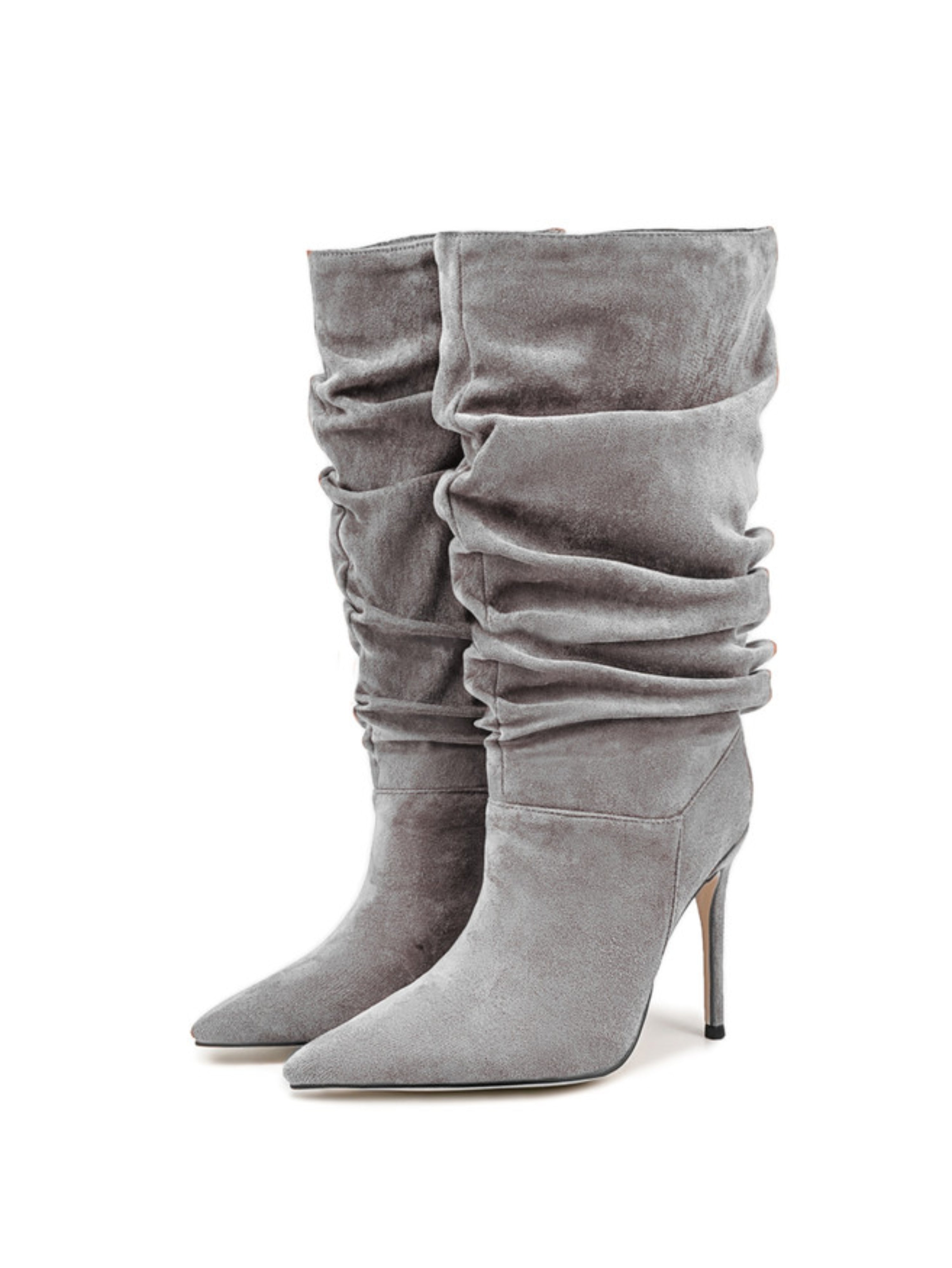 Gray Vegan Suede Heeled Mid-Calf Boots Women