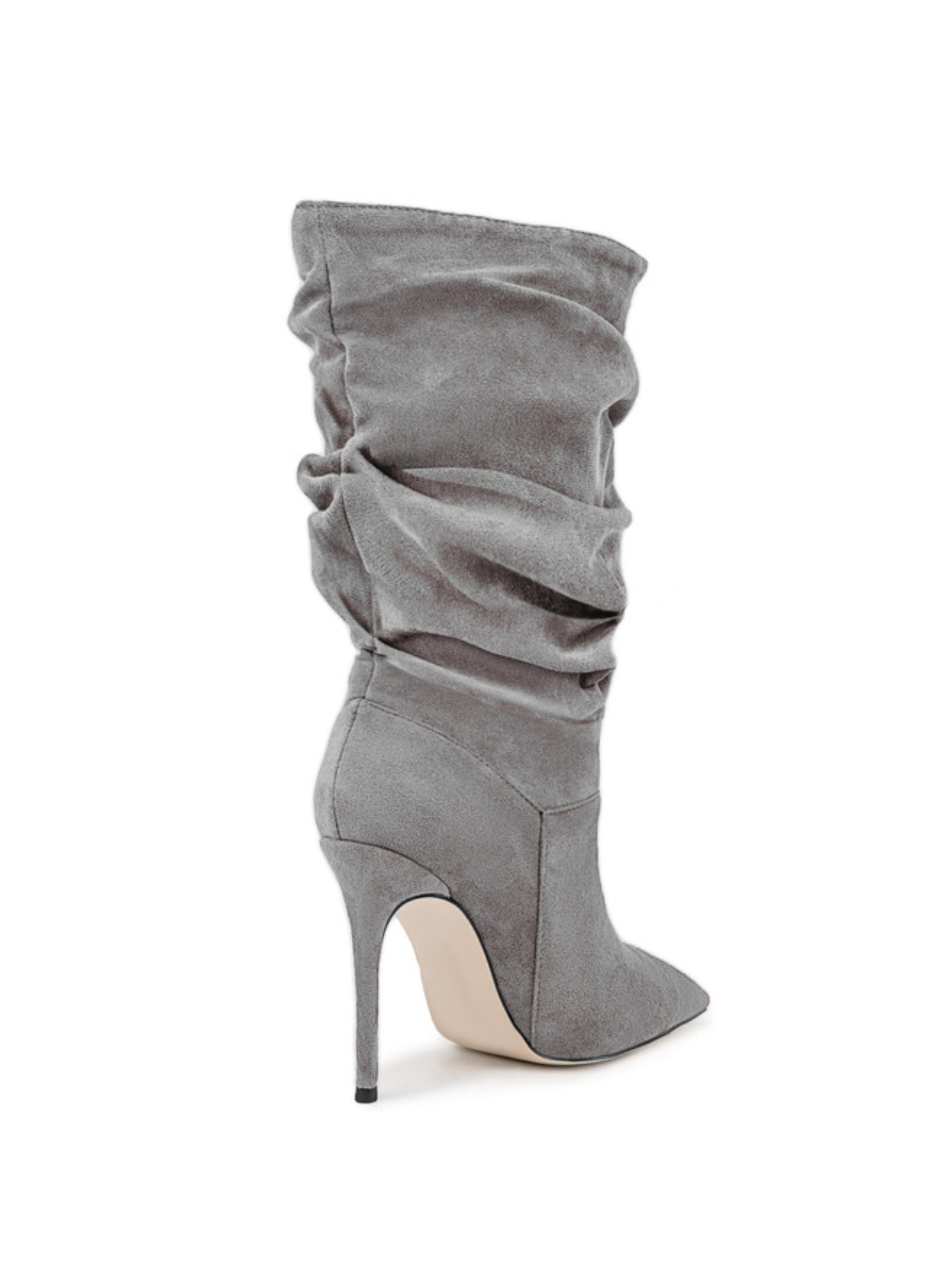 Gray Vegan Suede Heeled Mid-Calf Boots Women