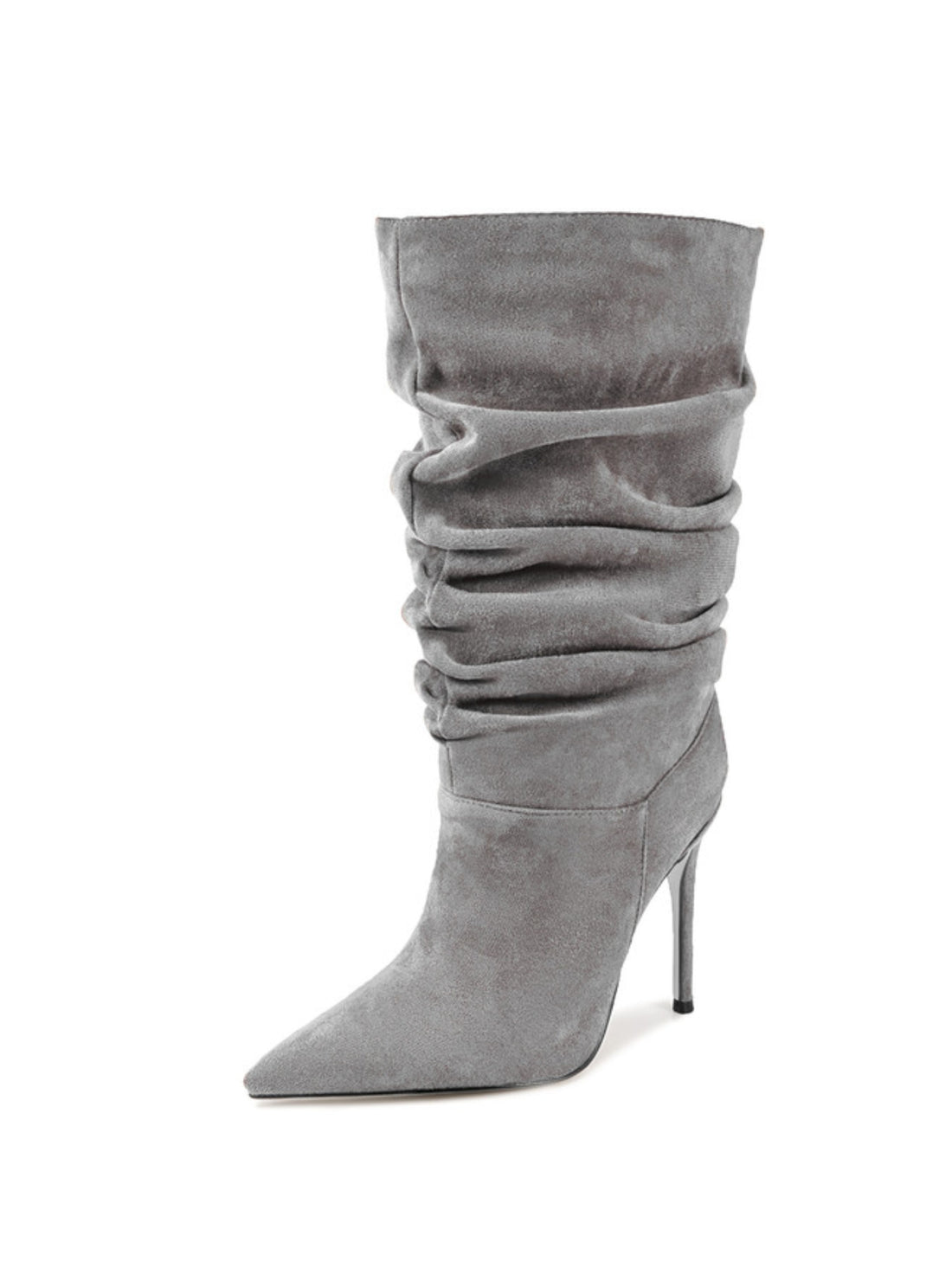 Gray Vegan Suede Heeled Mid-Calf Boots Women