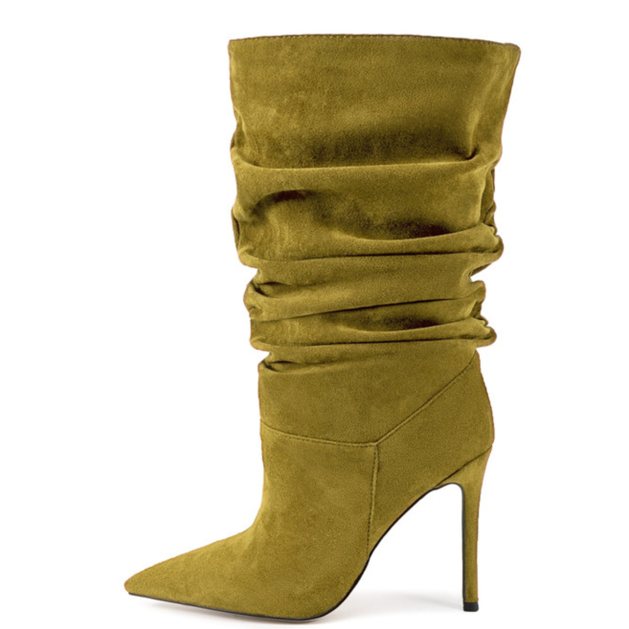Olive Green Slip-On Mid-Calf Boots with High Heels