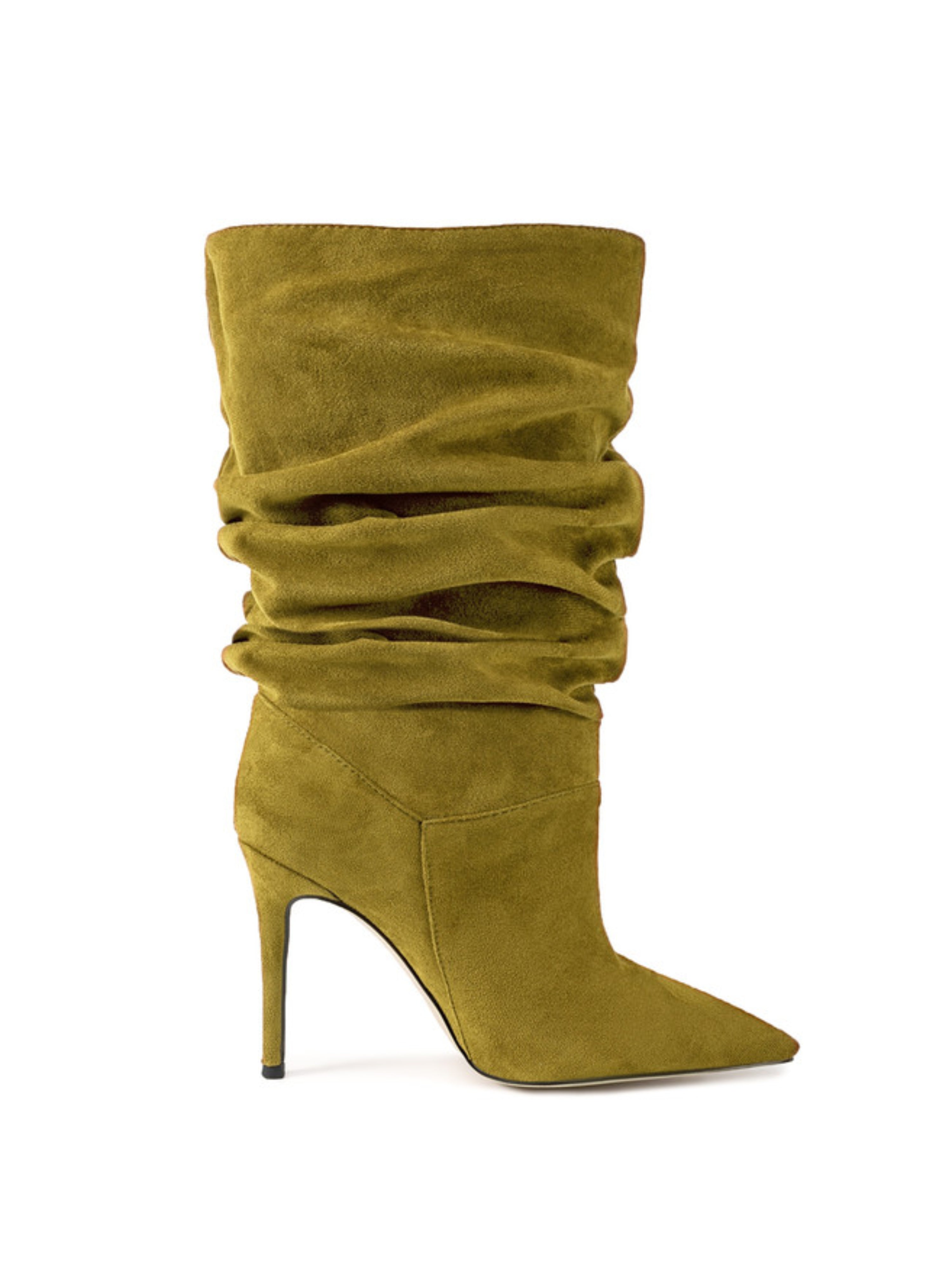Olive Green Slip-On Mid-Calf Boots with High Heels