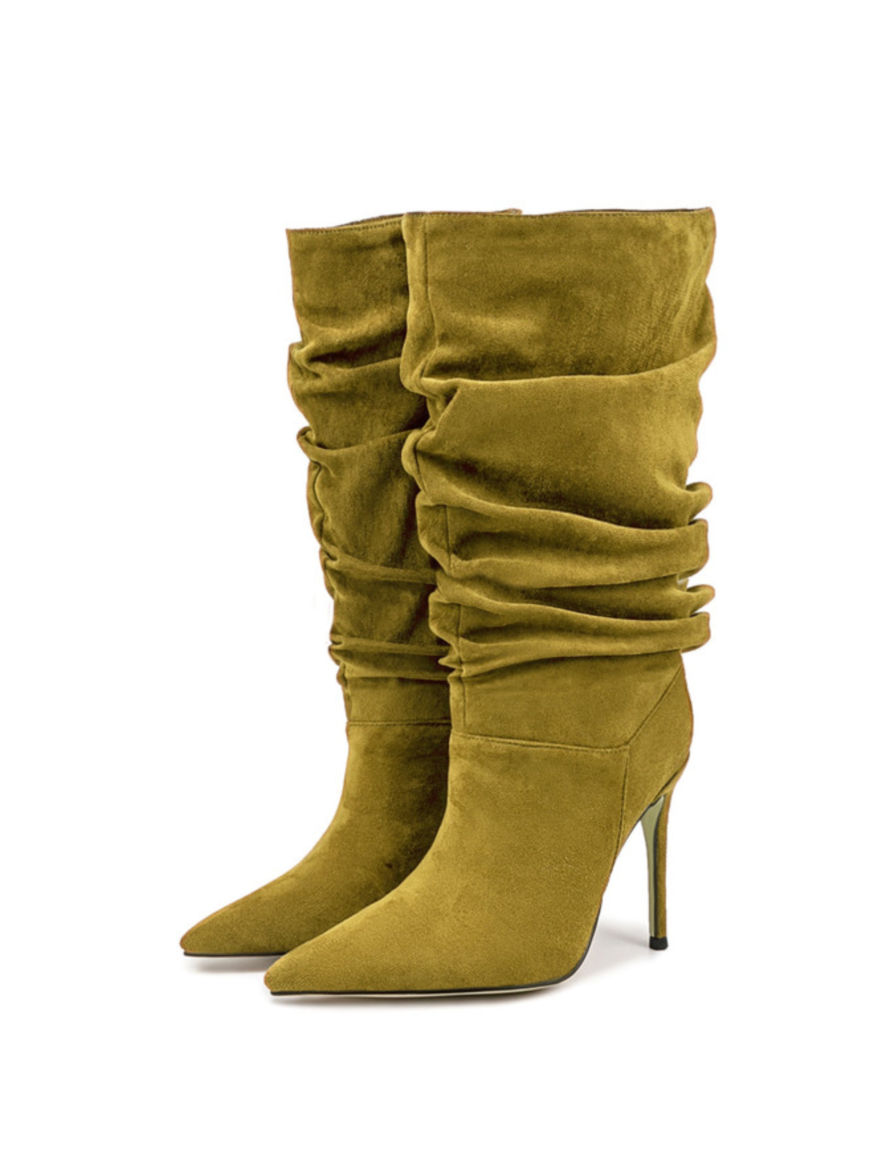 Olive Green Slip-On Mid-Calf Boots with High Heels