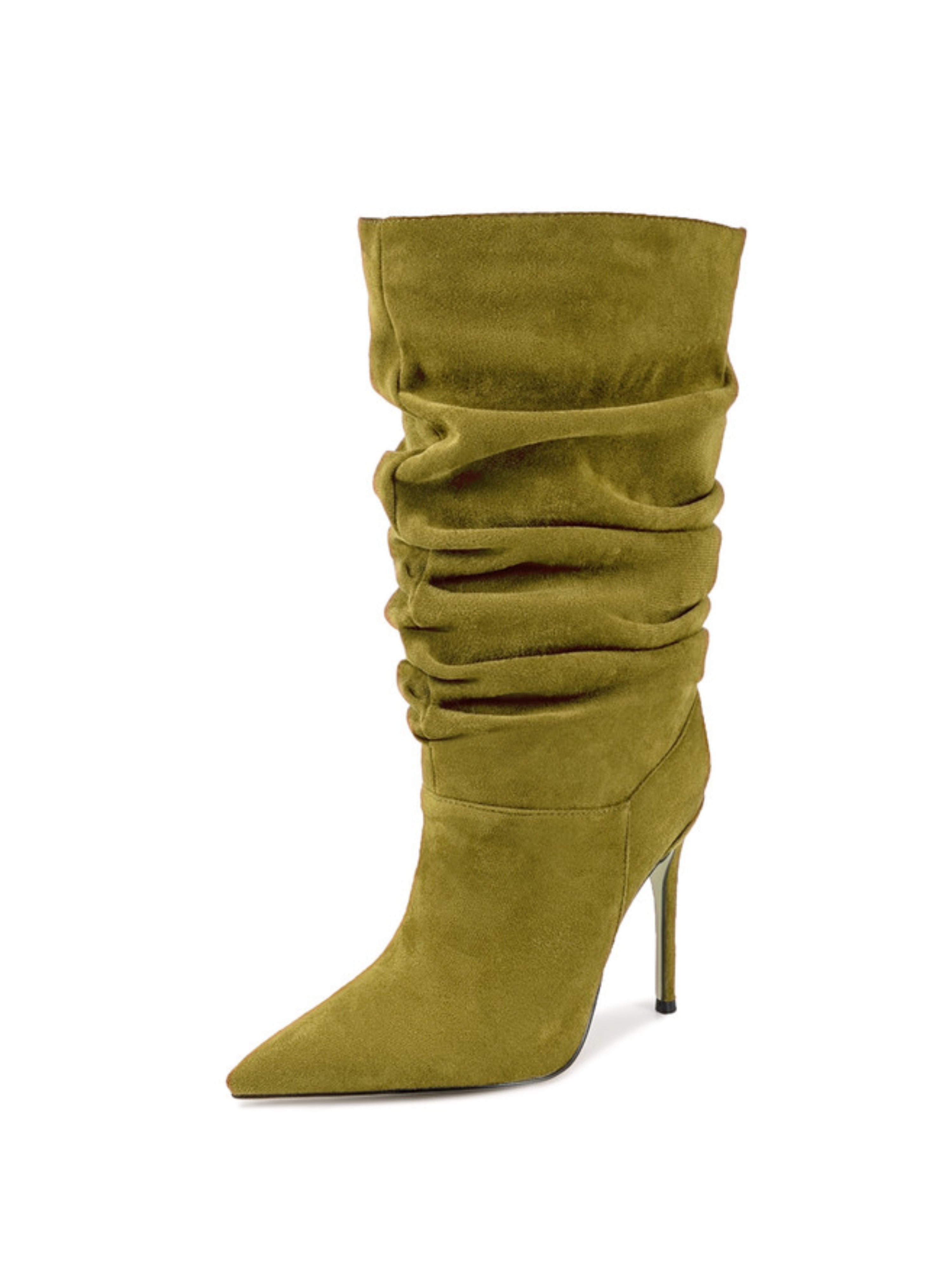Olive Green Slip-On Mid-Calf Boots with High Heels