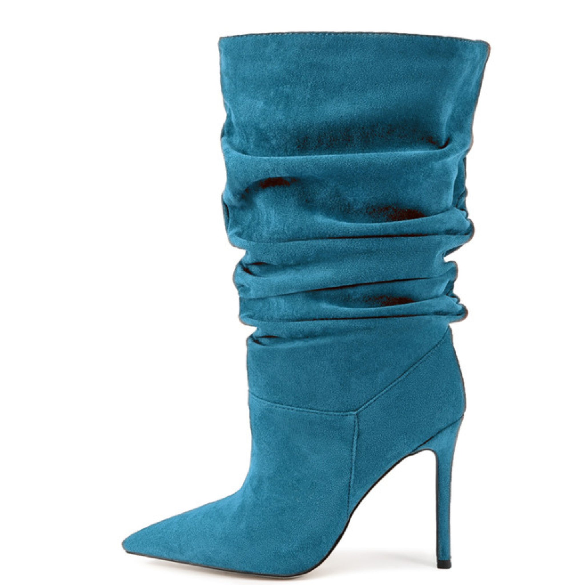 Teal Blue Slip-On Stiletto Slouch Wide-Calf Boots Women