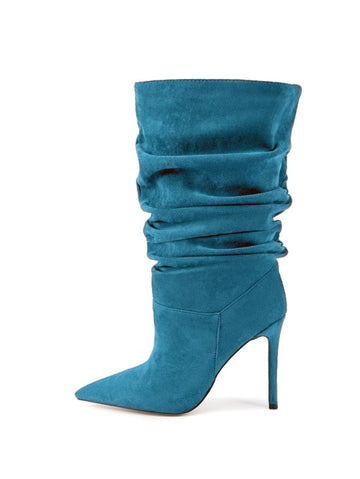 Teal Blue Slip-On Stiletto Slouch Wide-Calf Boots Women