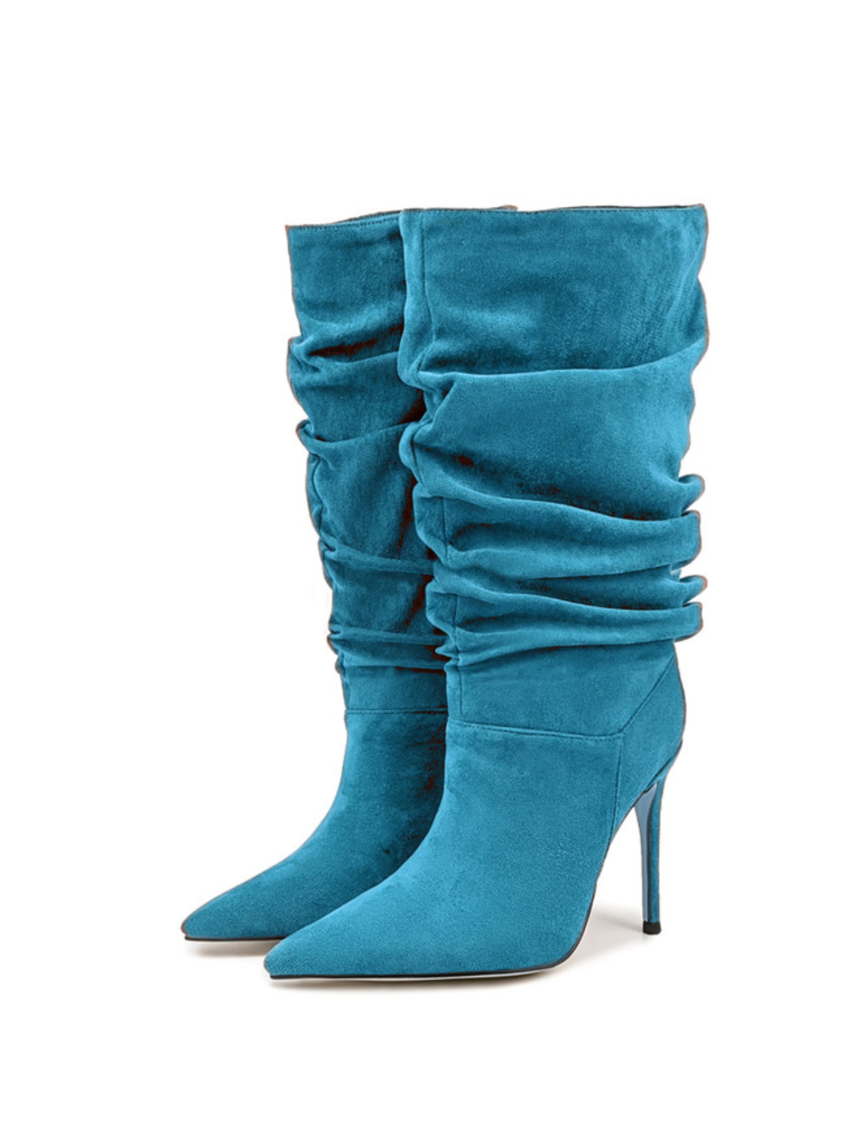 Teal Blue Slip-On Stiletto Slouch Wide-Calf Boots Women