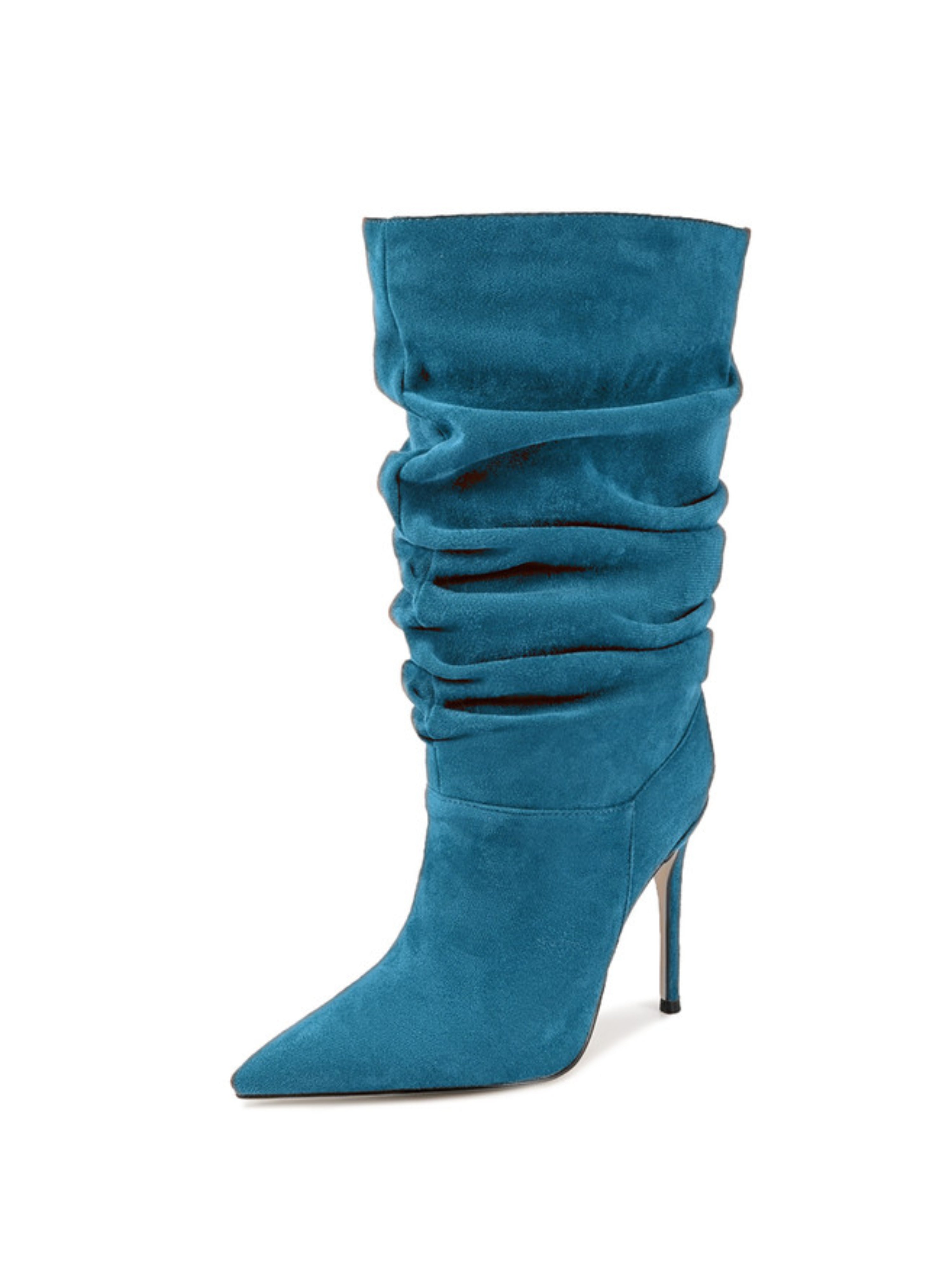 Teal Blue Slip-On Stiletto Slouch Wide-Calf Boots Women