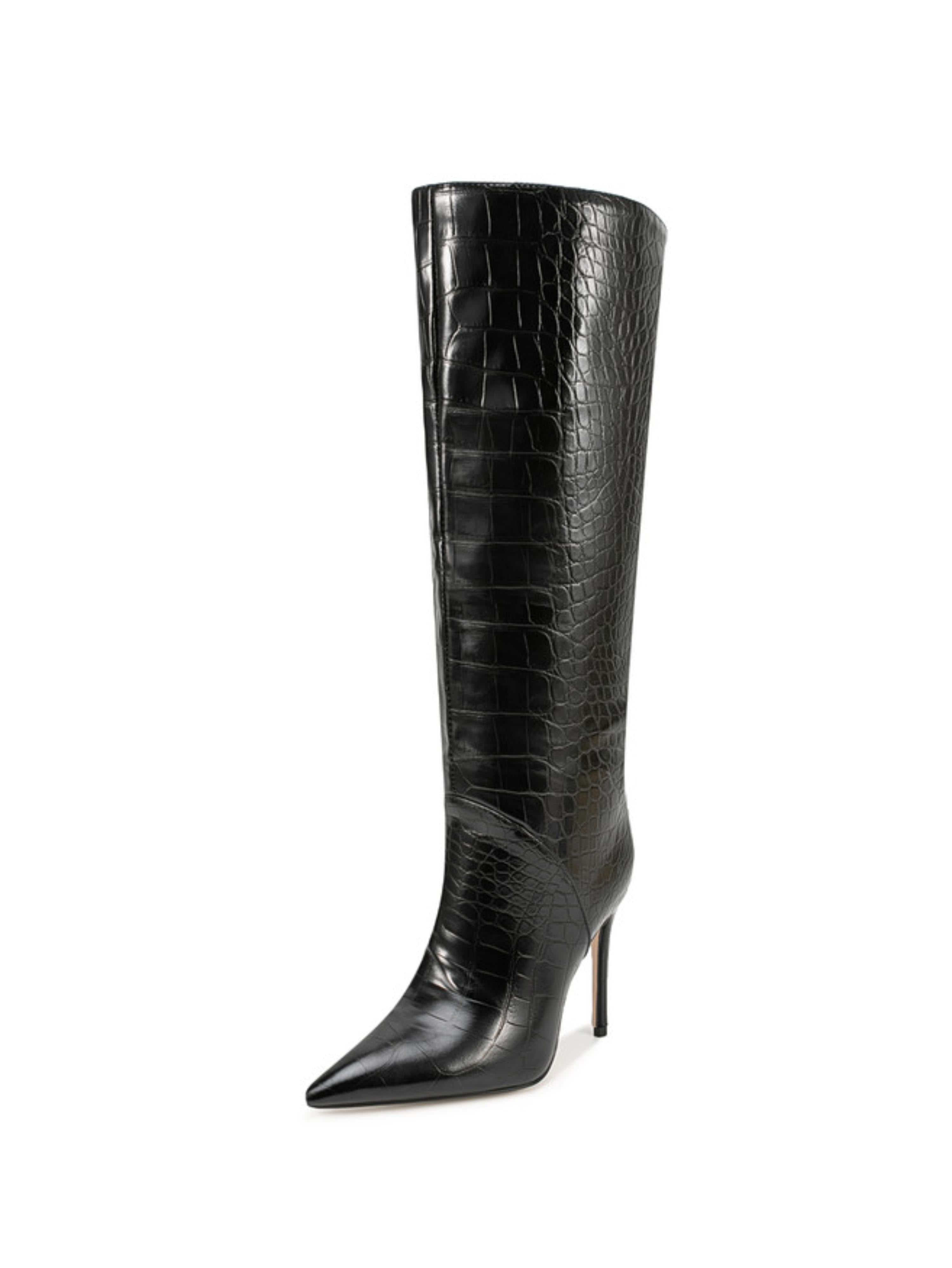 Black Croc-Embossed Stiletto Heels Tall Boots