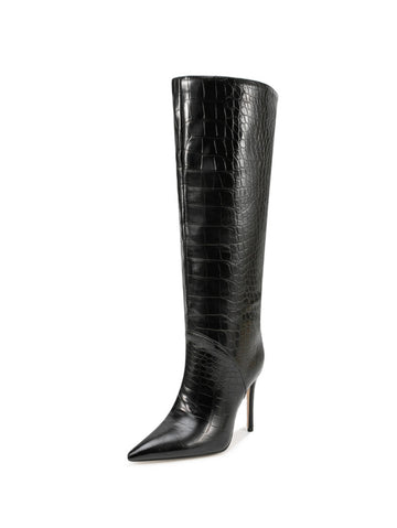 Black Croc-Embossed Stiletto Heels Tall Boots