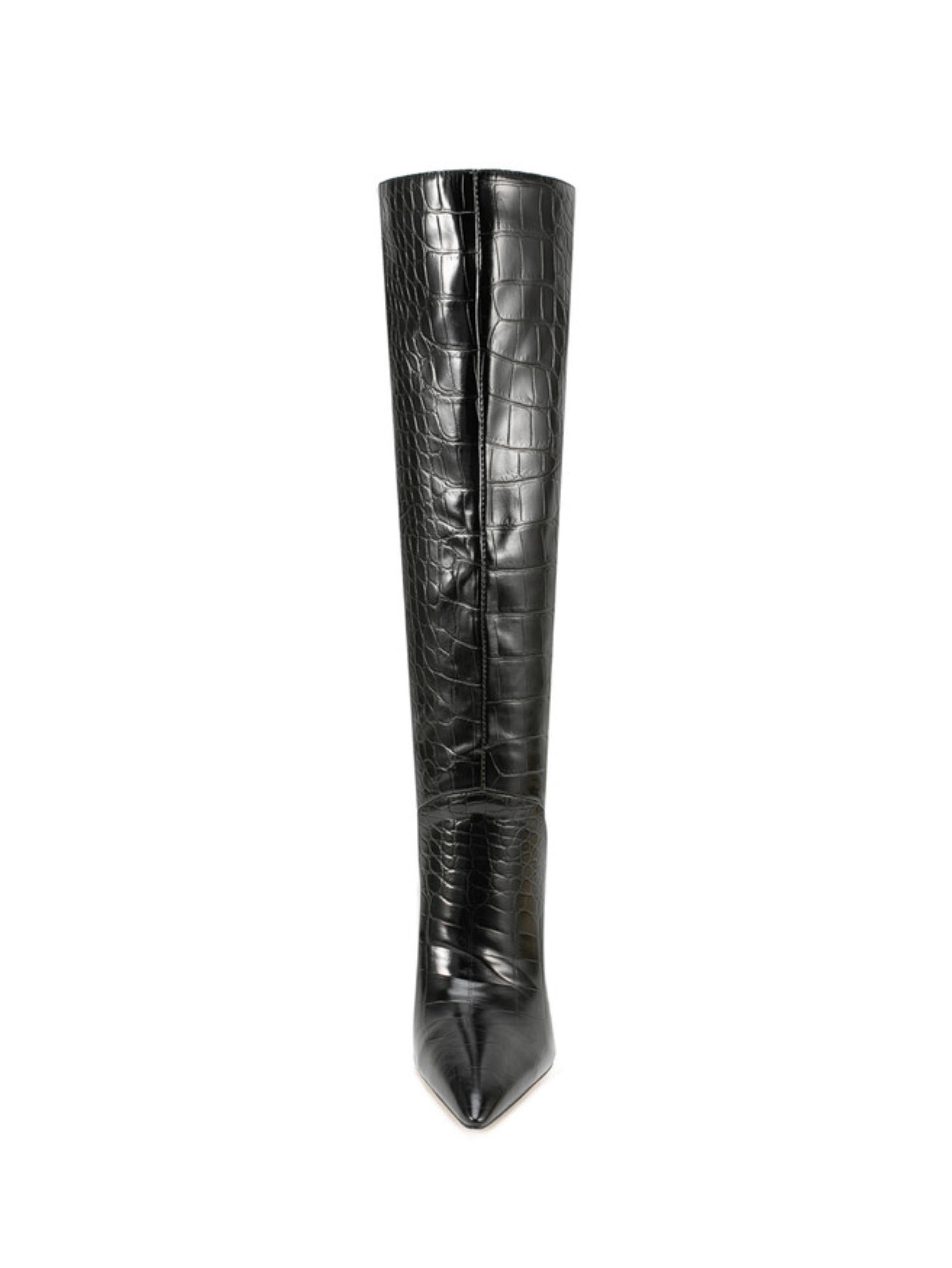 Black Croc-Embossed Stiletto Heels Tall Boots
