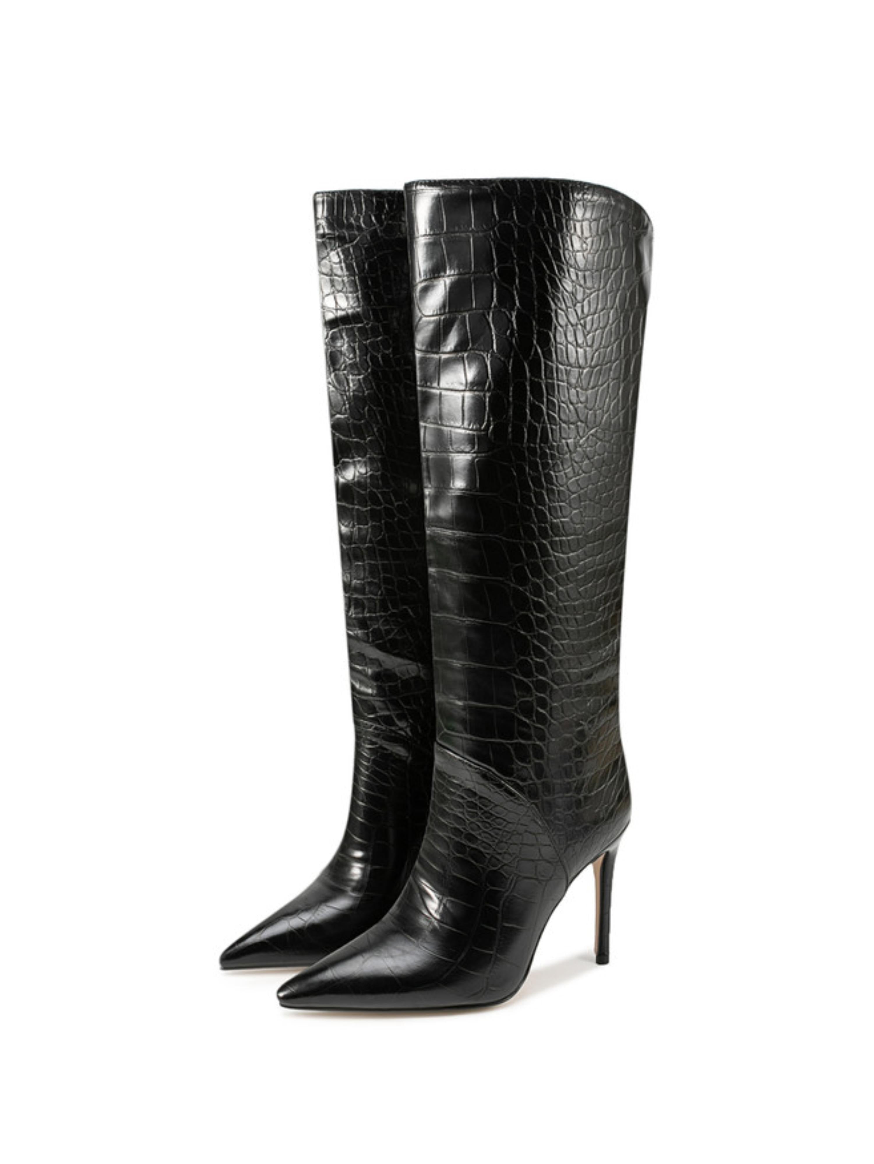 Black Croc-Embossed Stiletto Heels Tall Boots