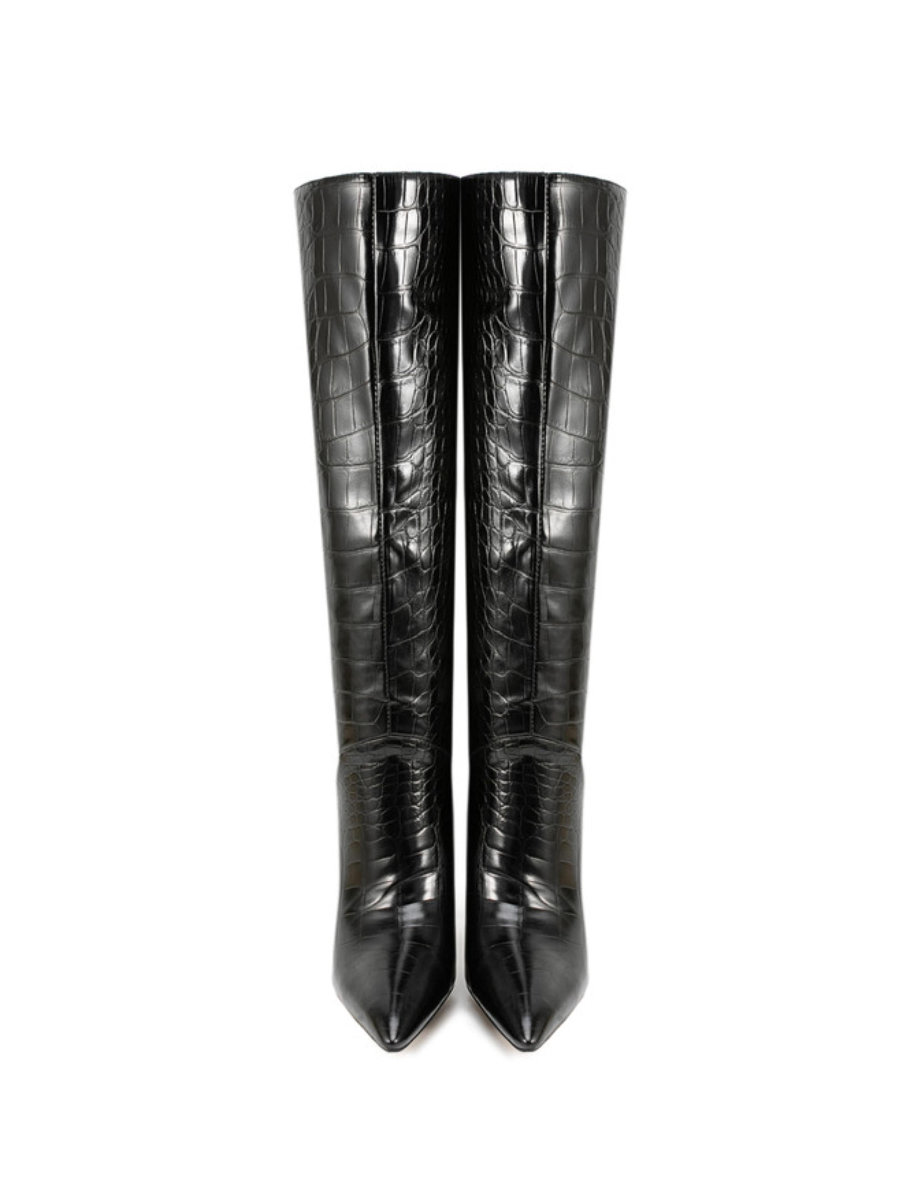Black Croc-Embossed Stiletto Heels Tall Boots