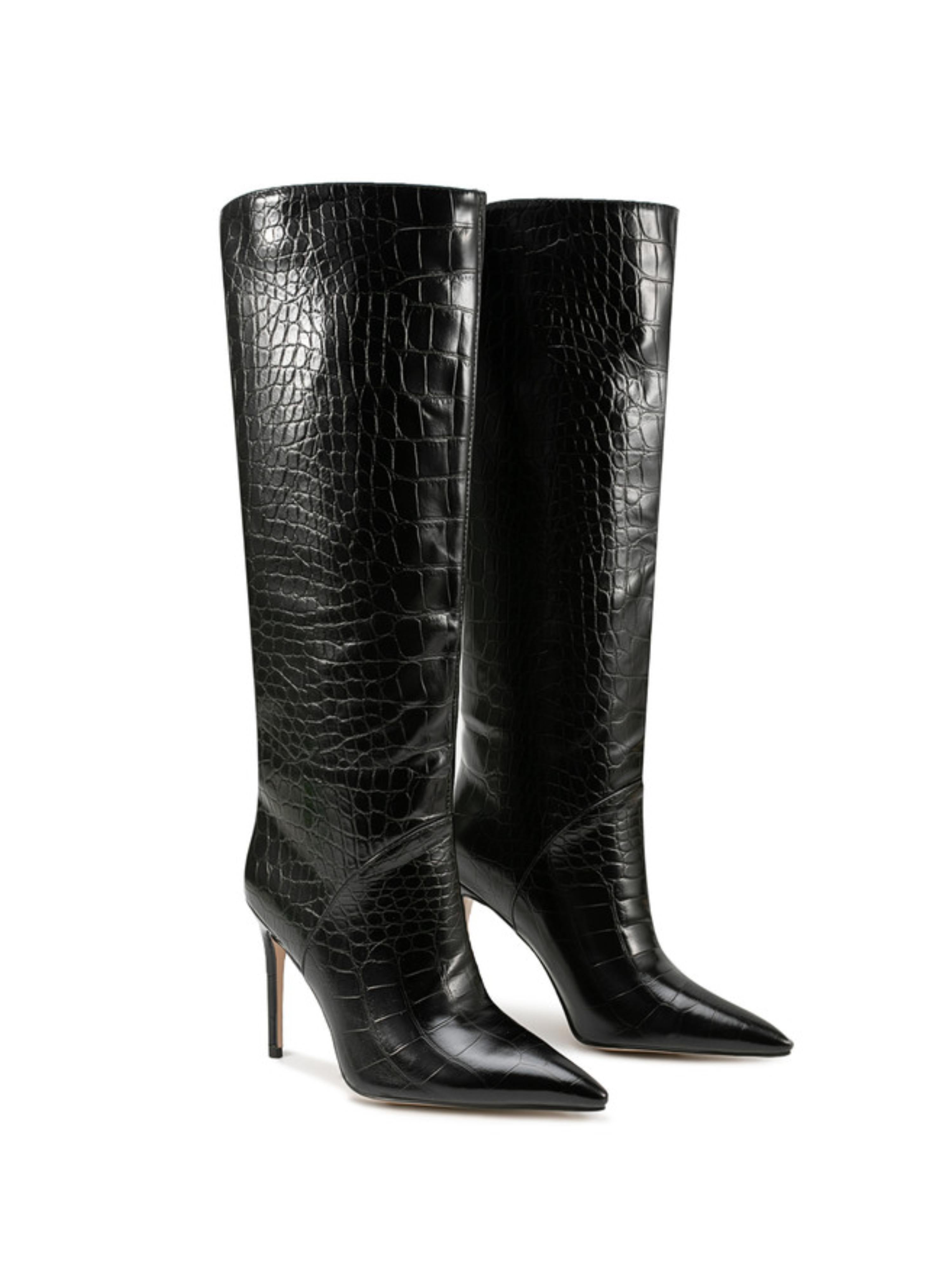 Black Croc-Embossed Stiletto Heels Tall Boots