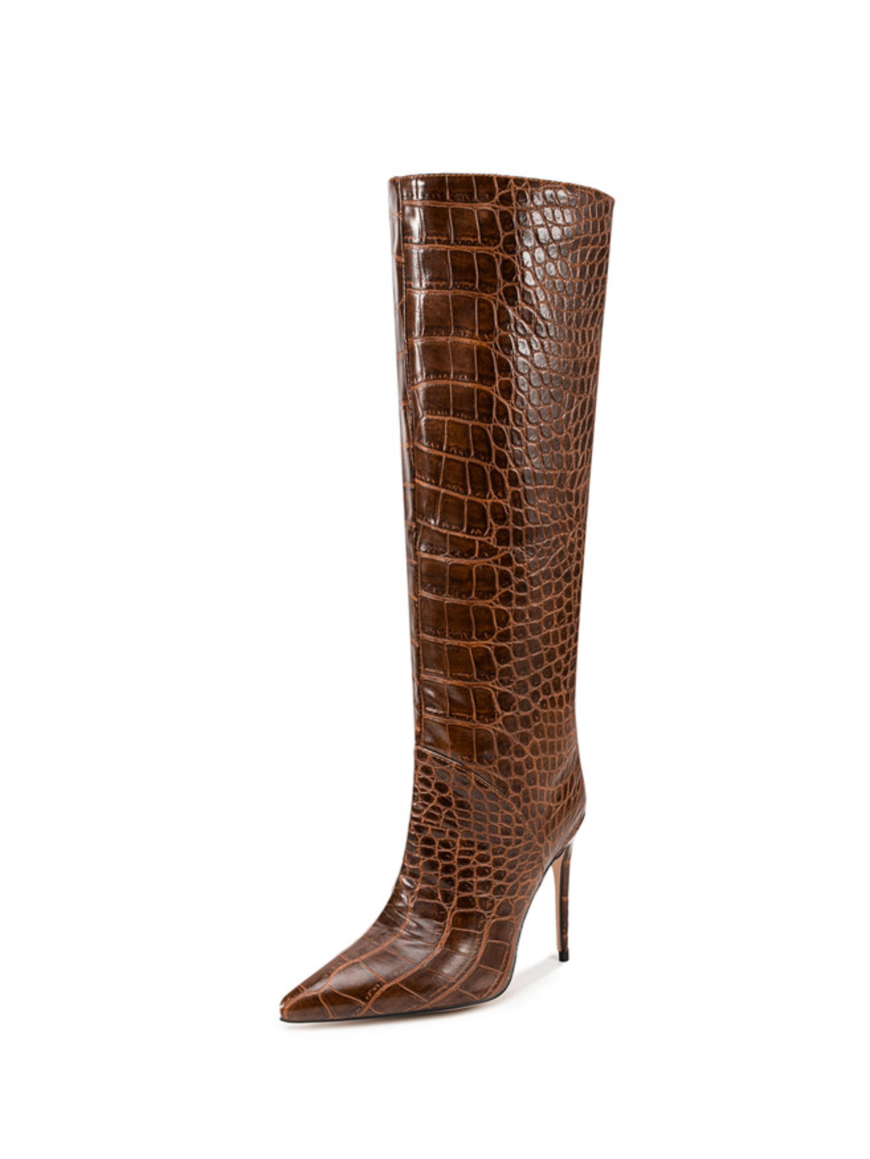 Chocolate Brown Croc-Embossed Knee-High Stiletto Boots