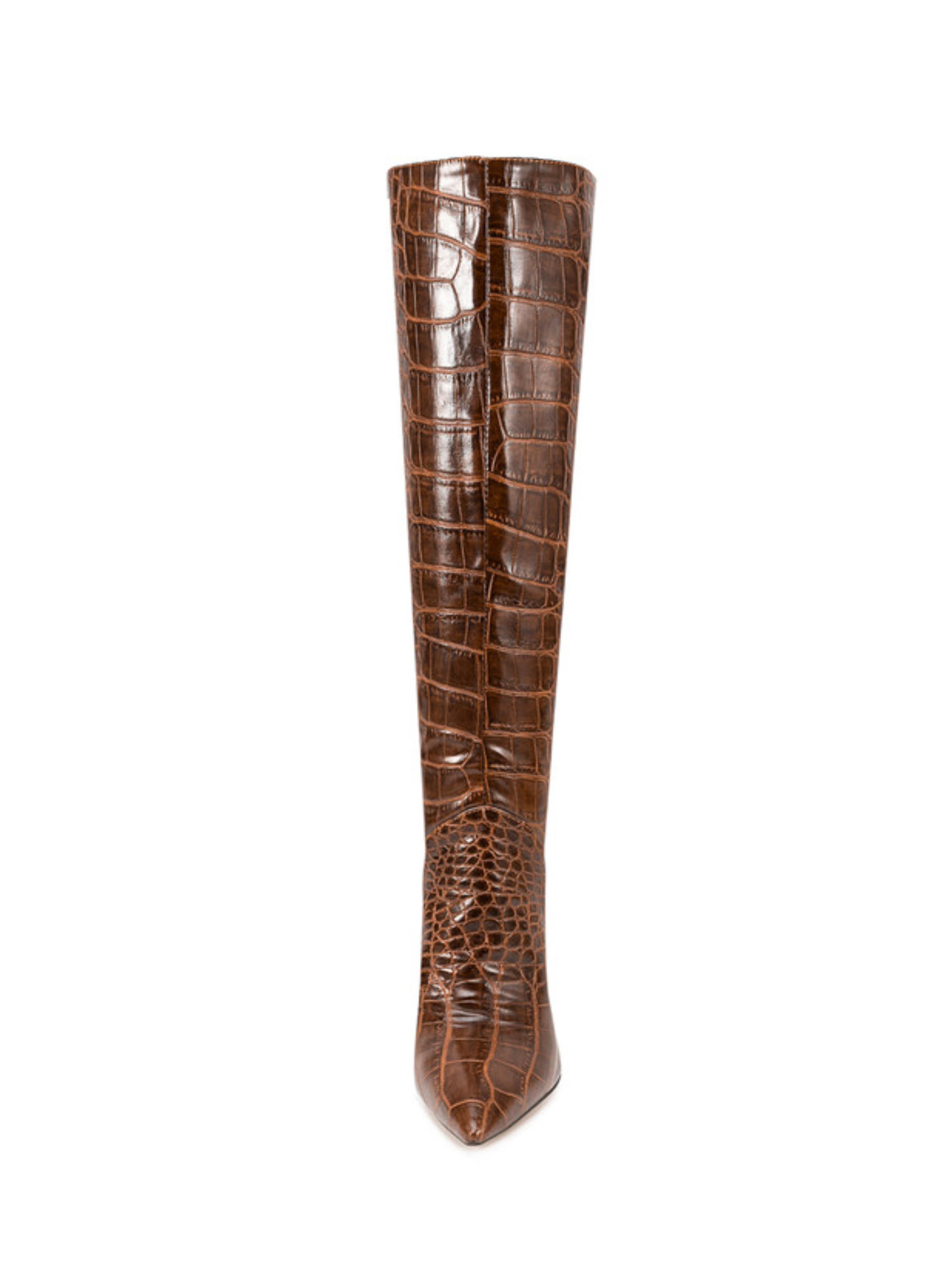Chocolate Brown Croc-Embossed Knee-High Stiletto Boots