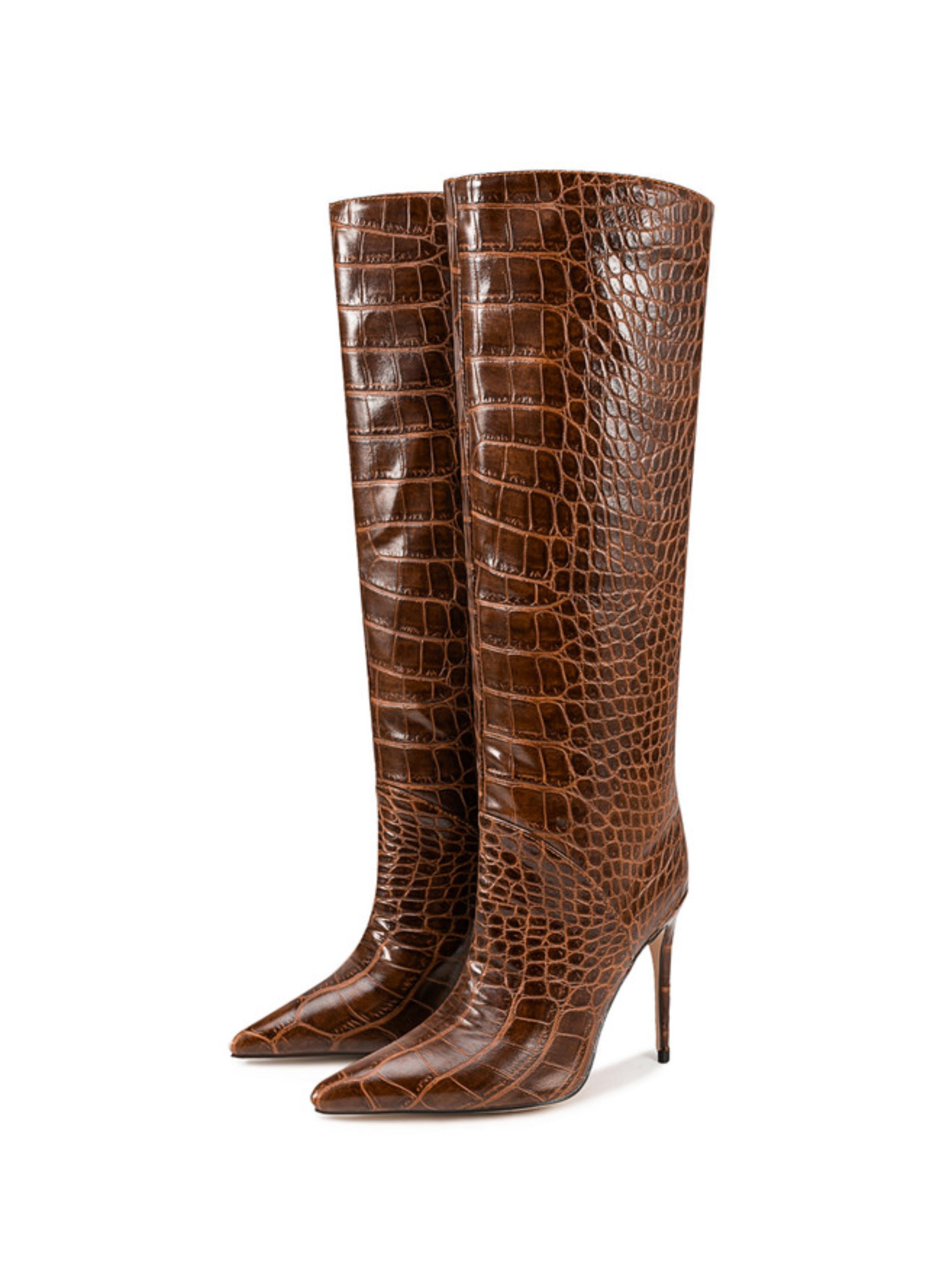 Chocolate Brown Croc-Embossed Knee-High Stiletto Boots