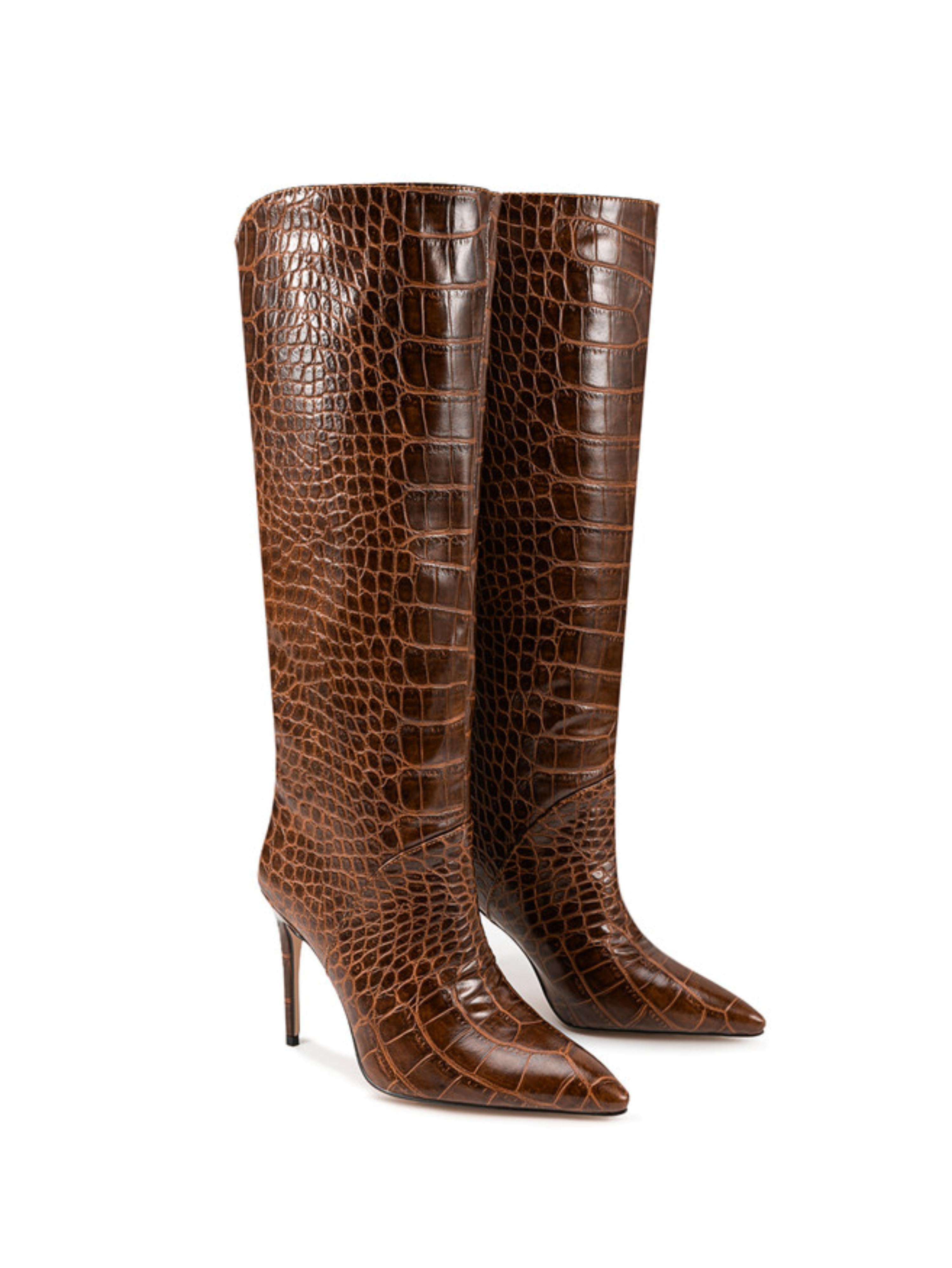 Chocolate Brown Croc-Embossed Knee-High Stiletto Boots