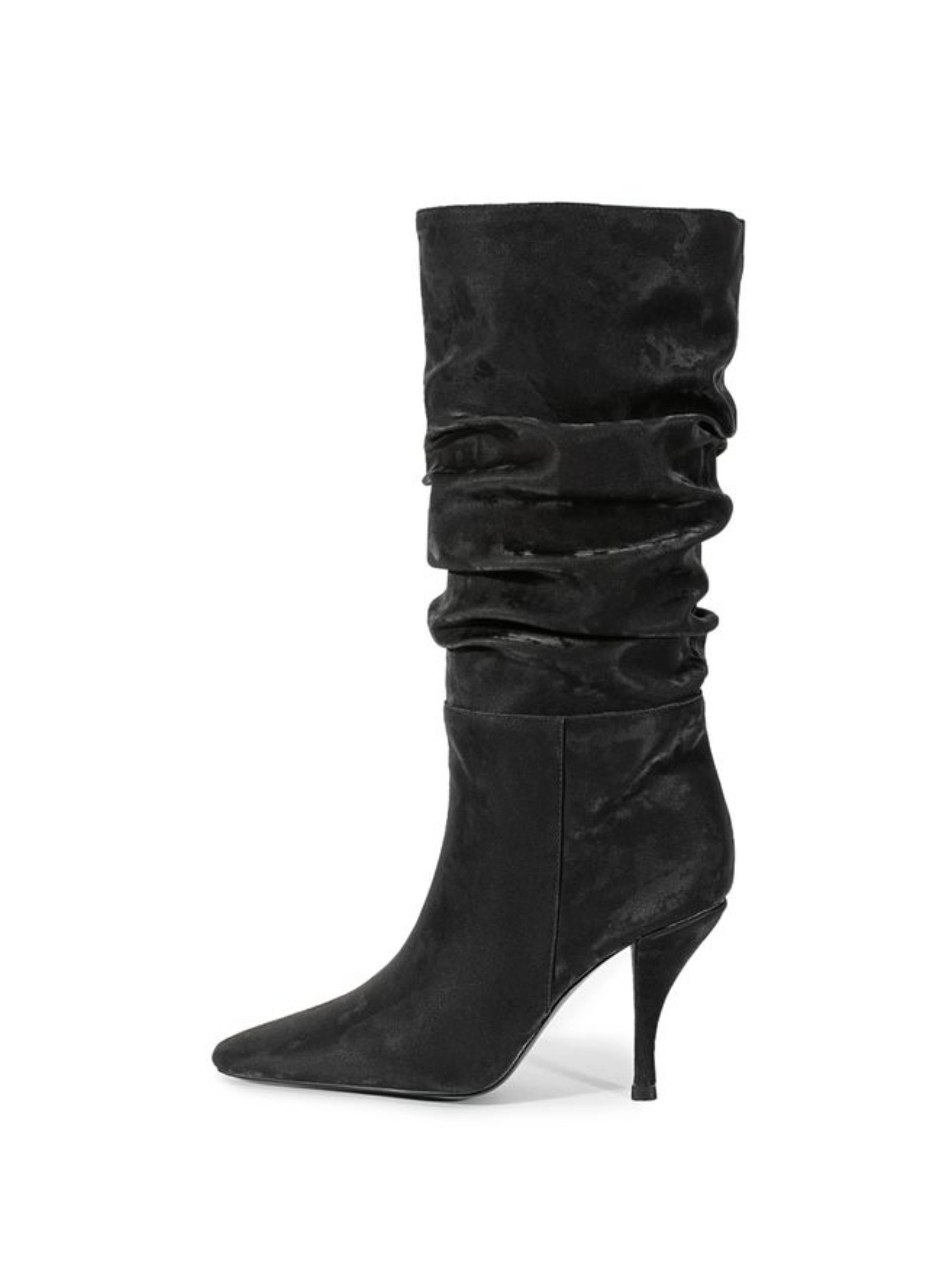 Black Square Toe Mid-Calf Slouch Boots for Women