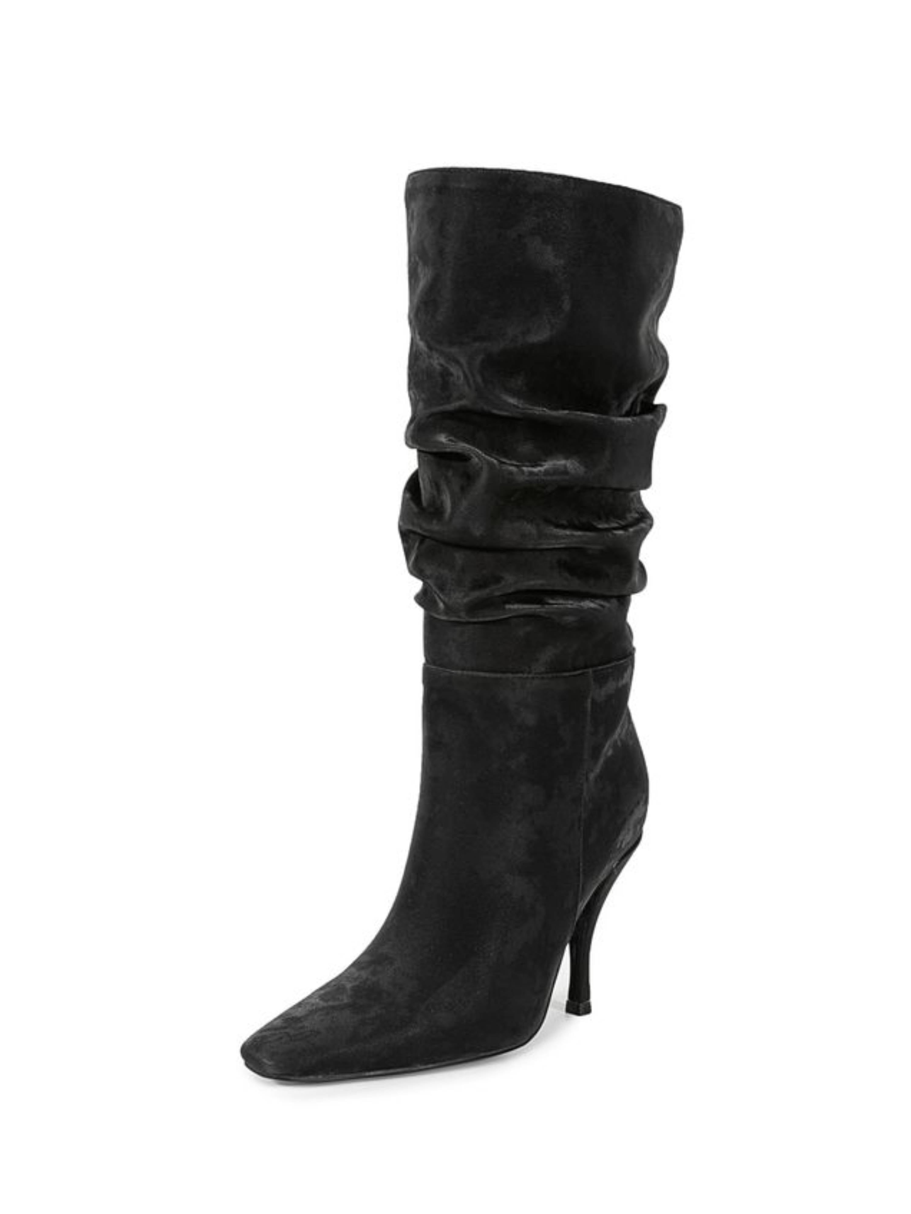 Black Square Toe Mid-Calf Slouch Boots for Women
