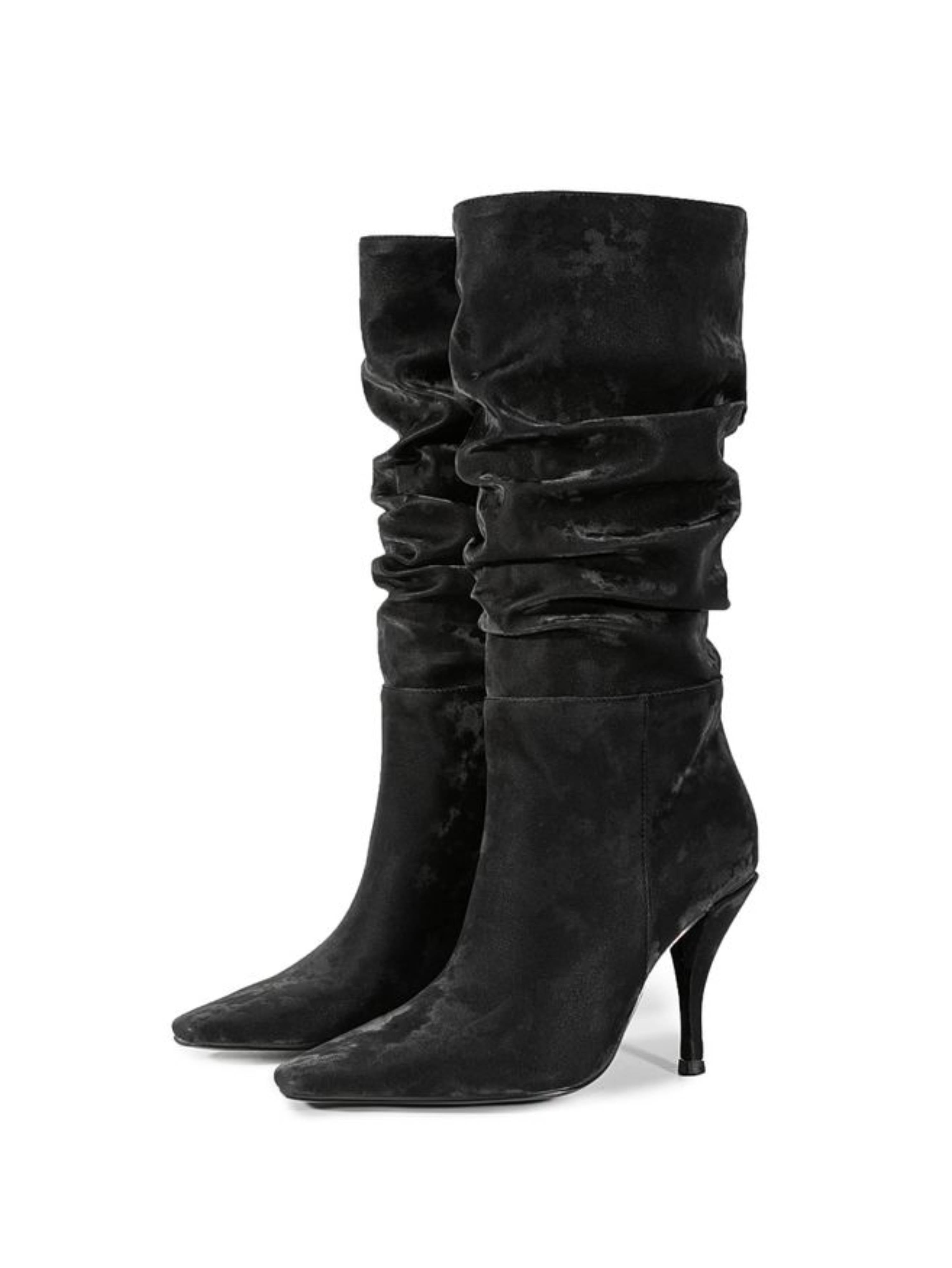 Black Square Toe Mid-Calf Slouch Boots for Women