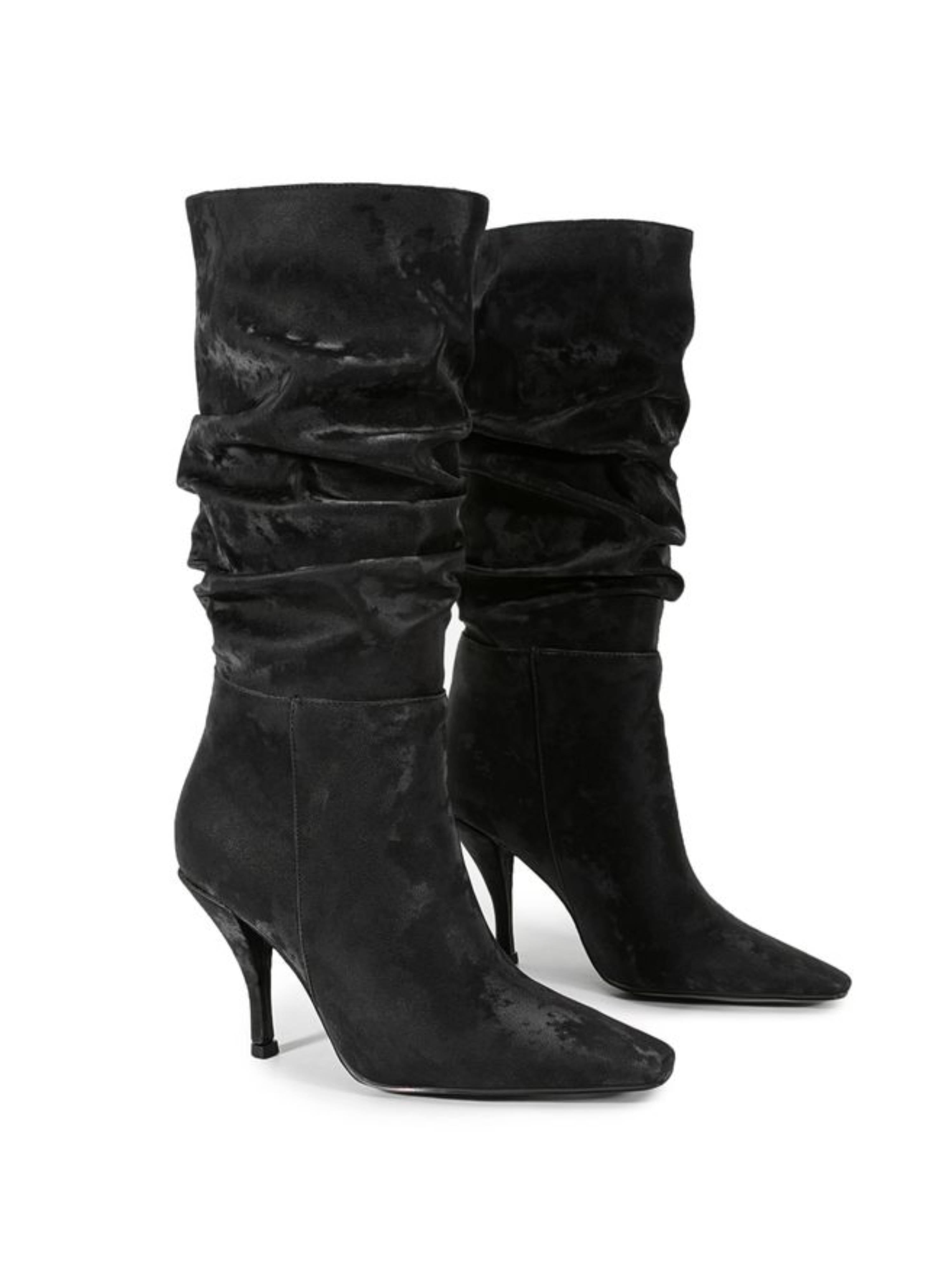 Black Square Toe Mid-Calf Slouch Boots for Women